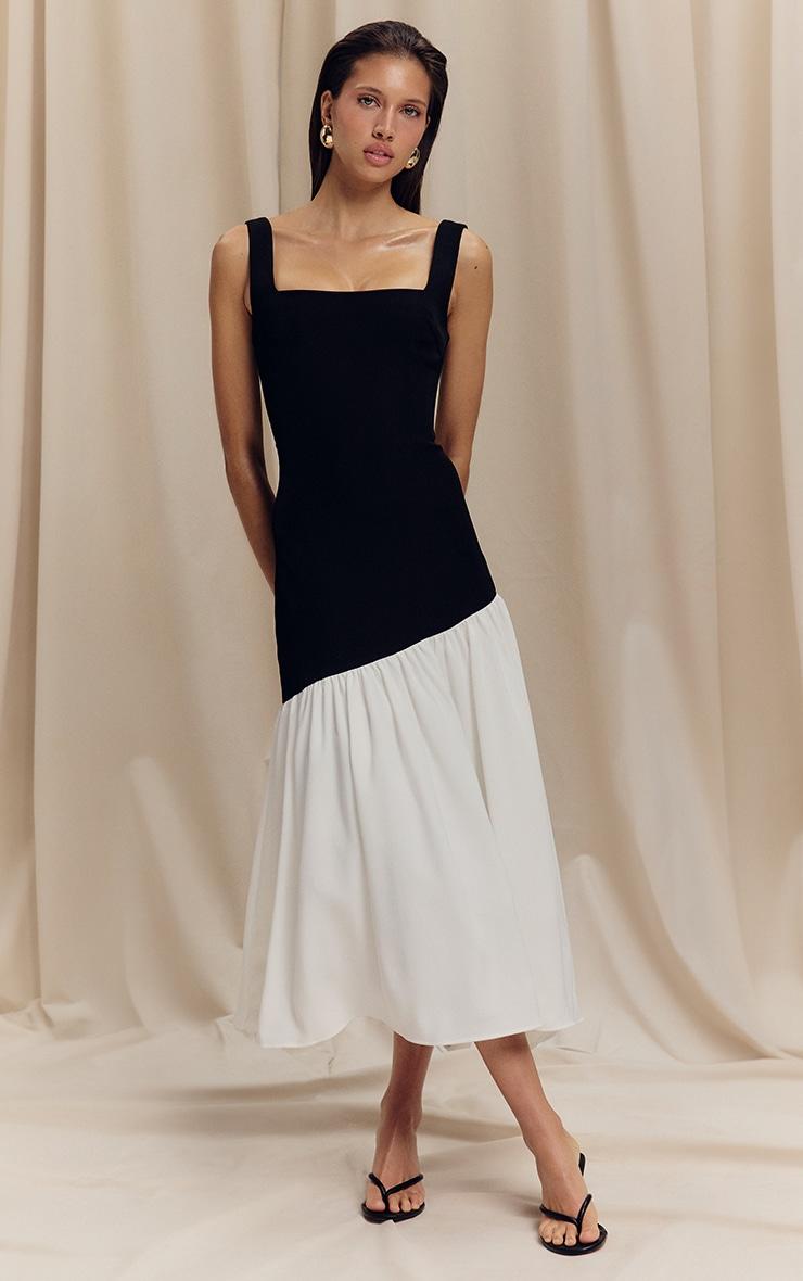 Monochrome Contrast Pleated Hem Square Neck Midaxi Dress Product Image