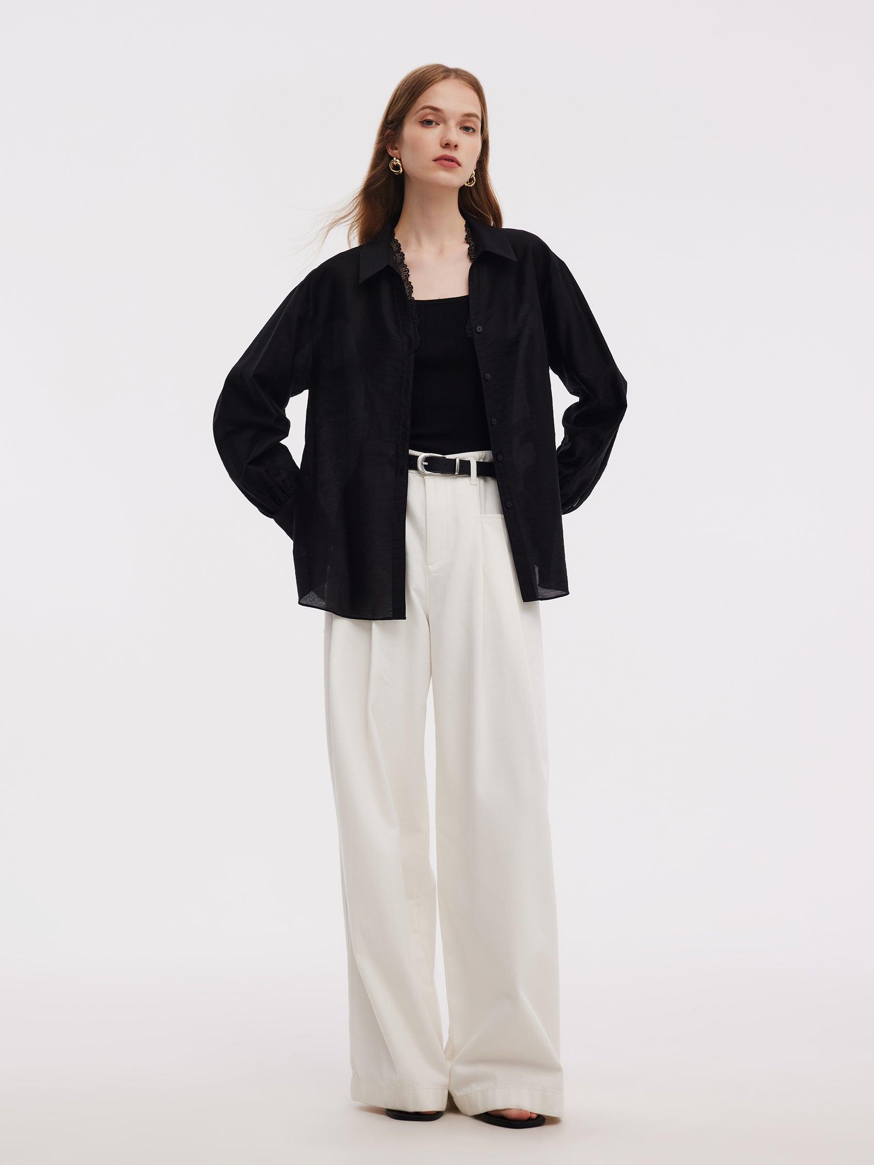 Tencel Blend Lace V-Neck Women Mock Layered Shirt Product Image