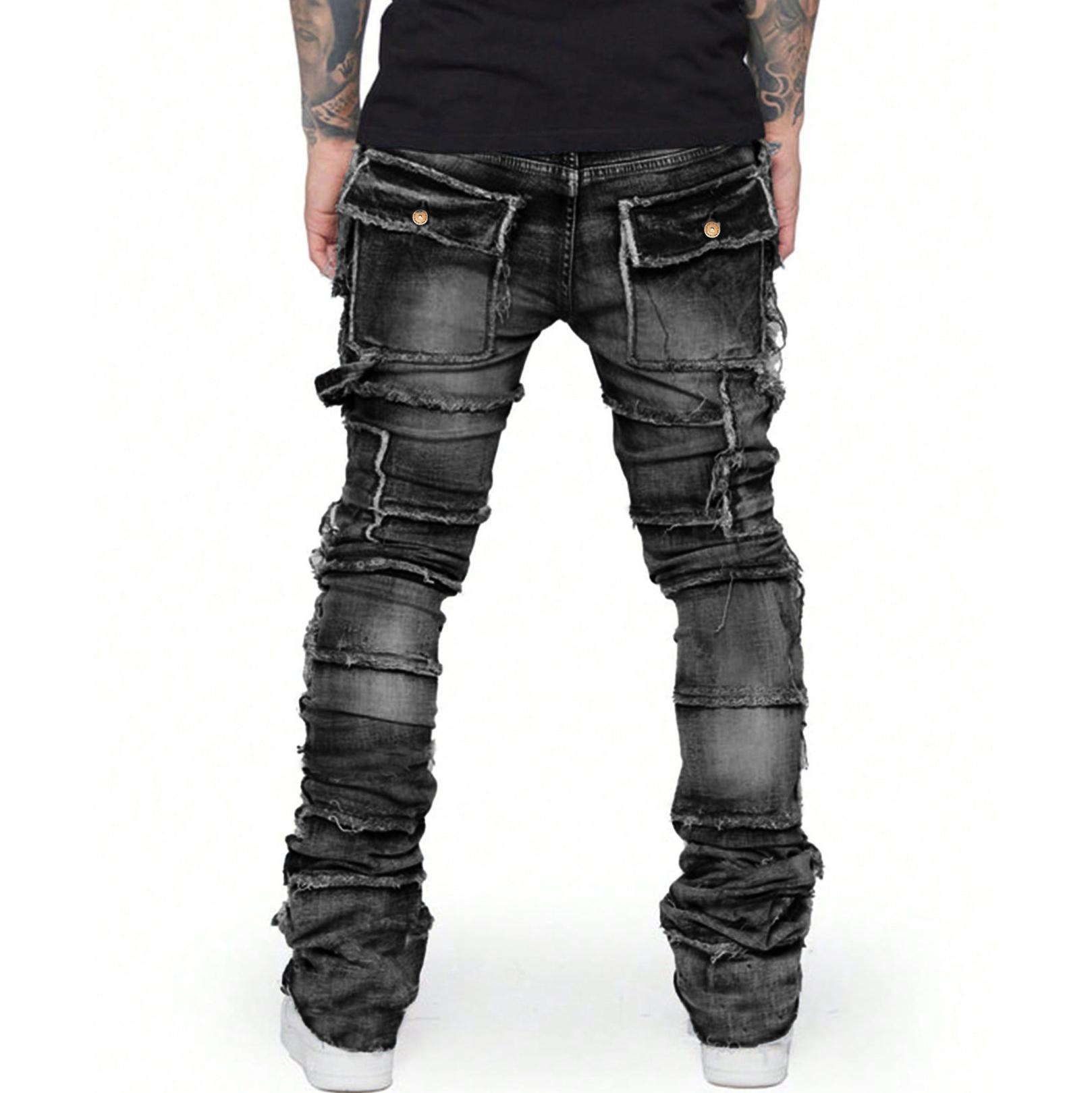Hiphop Fashion Stretch Patch Cargo Straight Jeans Product Image