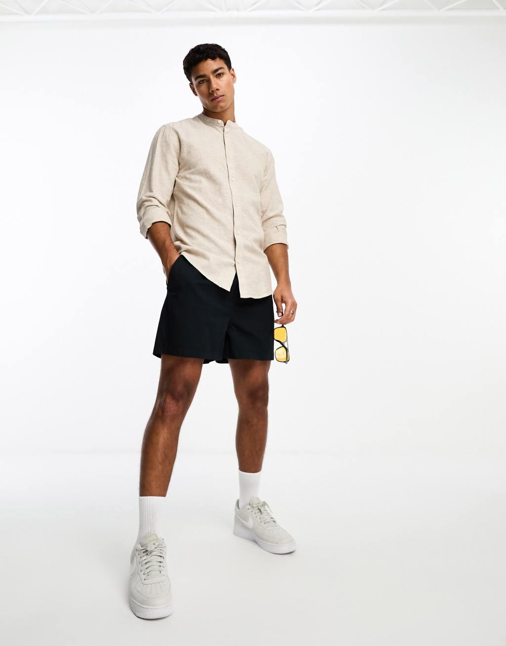 Only & Sons linen mix grandad collar shirt in beige Product Image