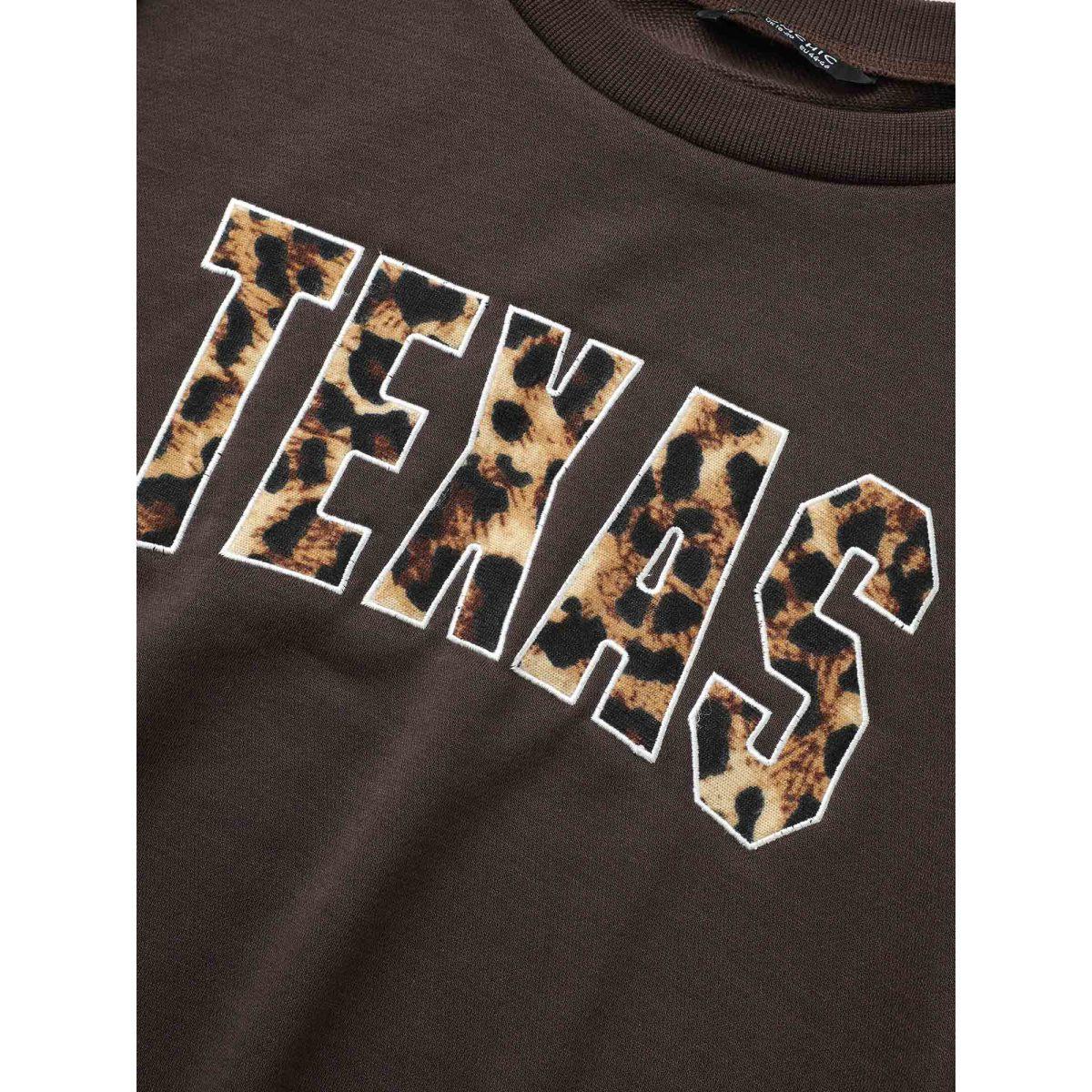 Plus Size Leopard Embroidered Patch Rib Knit Sweatshirt Women DarkBrown Casual Non Round Neck Everyday Sweatshirts BloomChic 18-20/2X Product Image