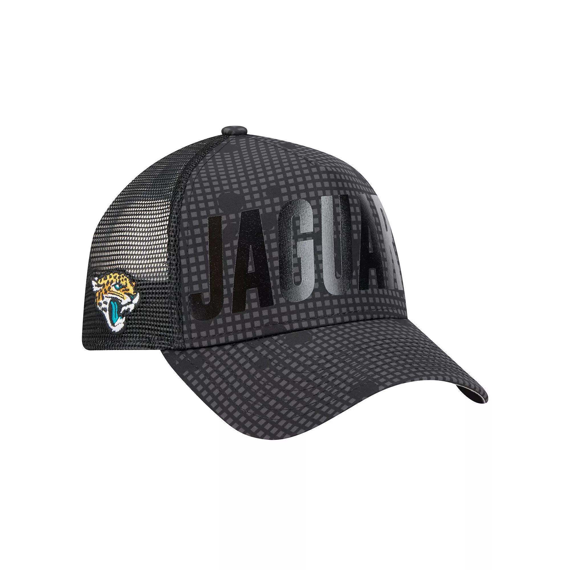 Men's New Era Black Jacksonville Jaguars Midnight Ink Tonal Text A-Frame Trucker 9FORTY Adjustable Hat Product Image