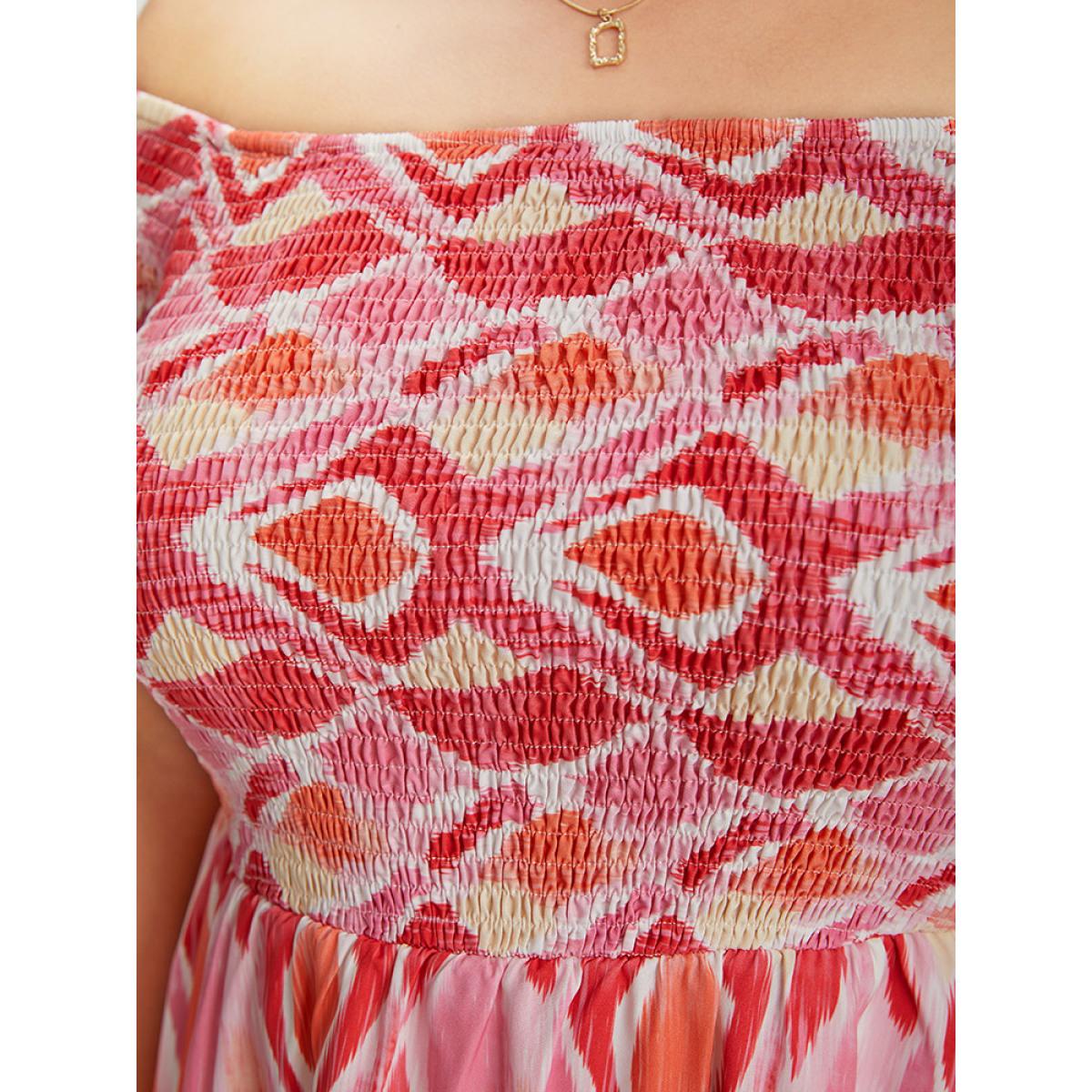 Plus Size Geometric Print Pocket Shirred Ruffles Sleeve Off Shoulder Dress Multicolor Women Elegant One-shoulder neck Short sleeve Curvy Midi Dress BloomChic 28/5X Product Image