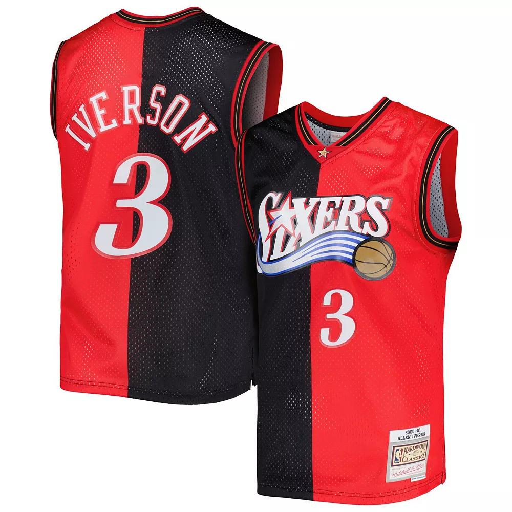 Men's Mitchell & Ness Allen Iverson Black/Red Philadelphia 76ers Hardwood Classics 2000/01 Split Swingman Jersey, Size: 4XL, 76r Black Product Image