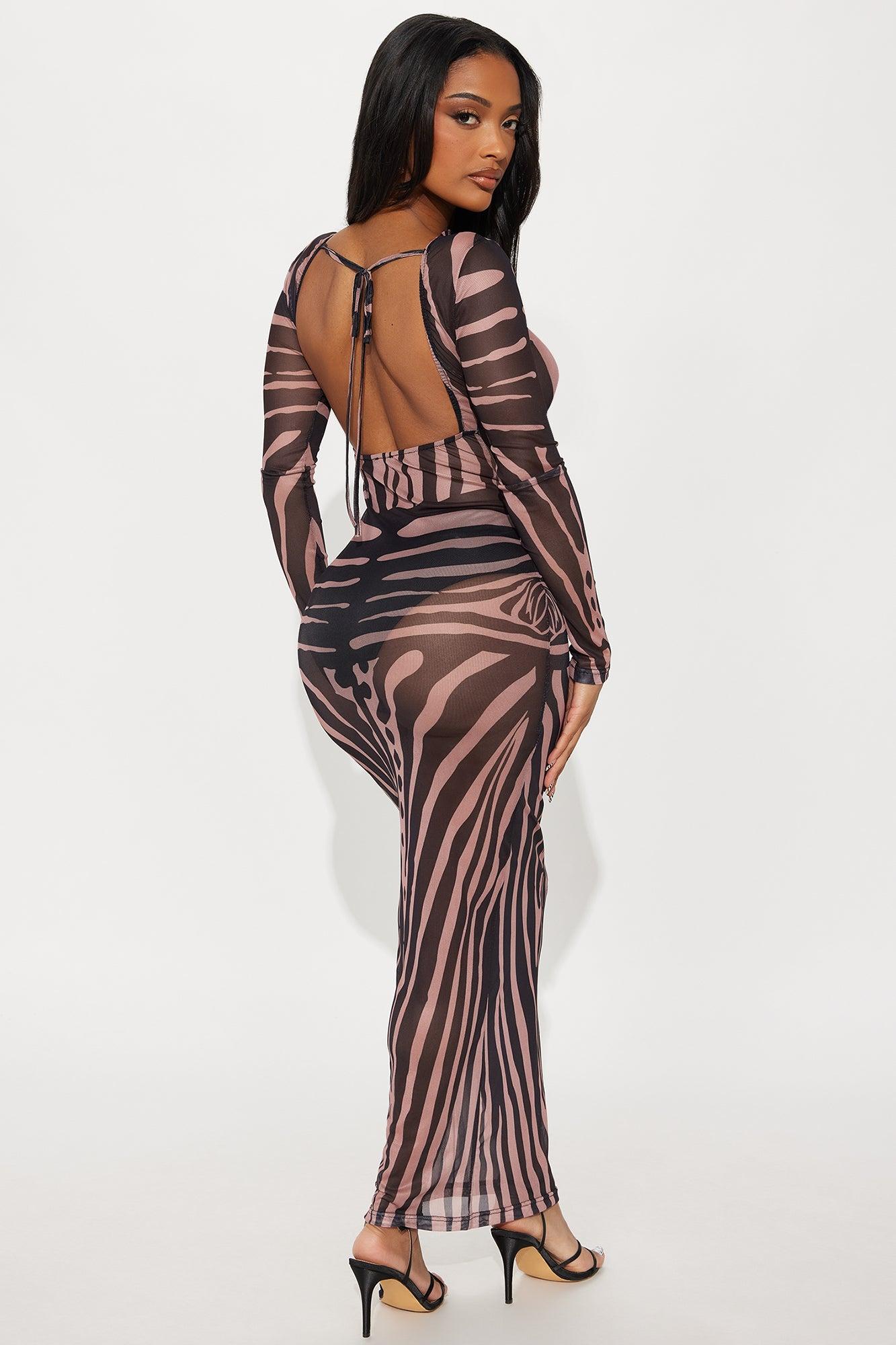 On My Level Backless Mesh Maxi Dress - Brown/combo Female Product Image