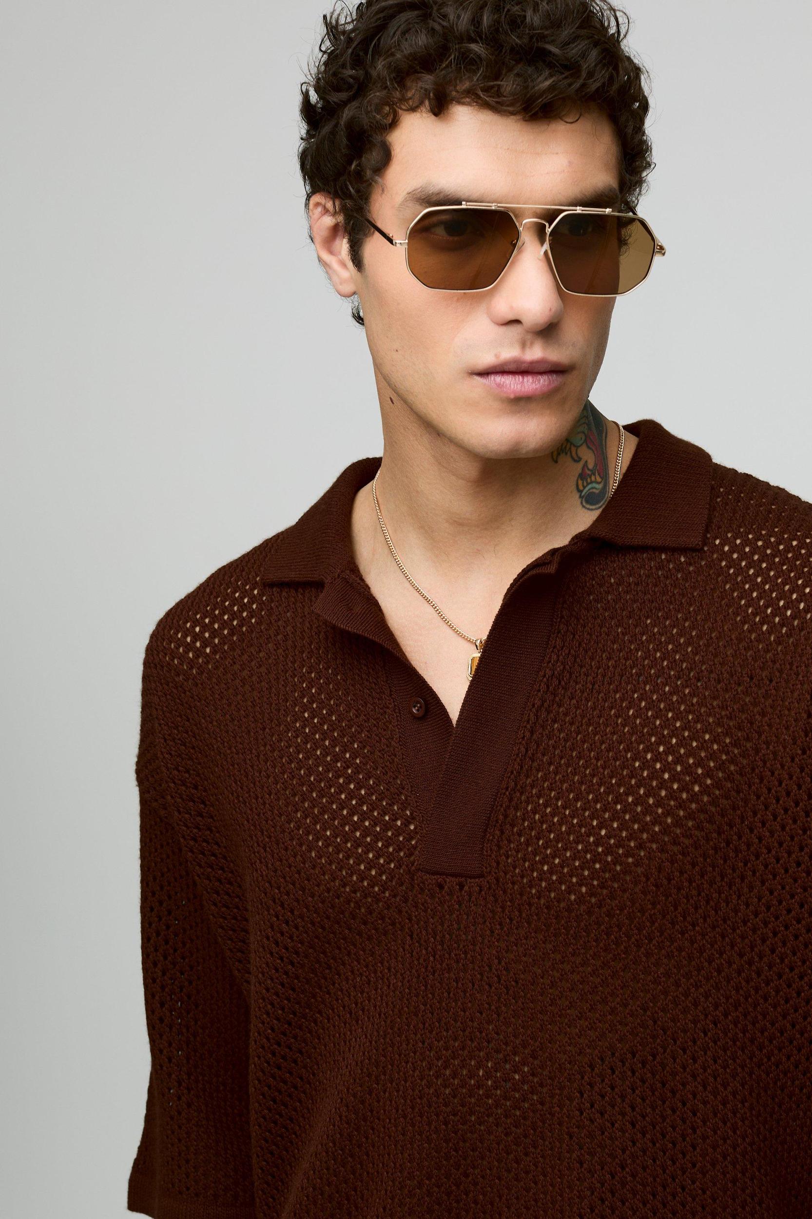 Oversized Boxy Open Knit Polo & Wide Leg Pants Set | boohooMAN USA Product Image