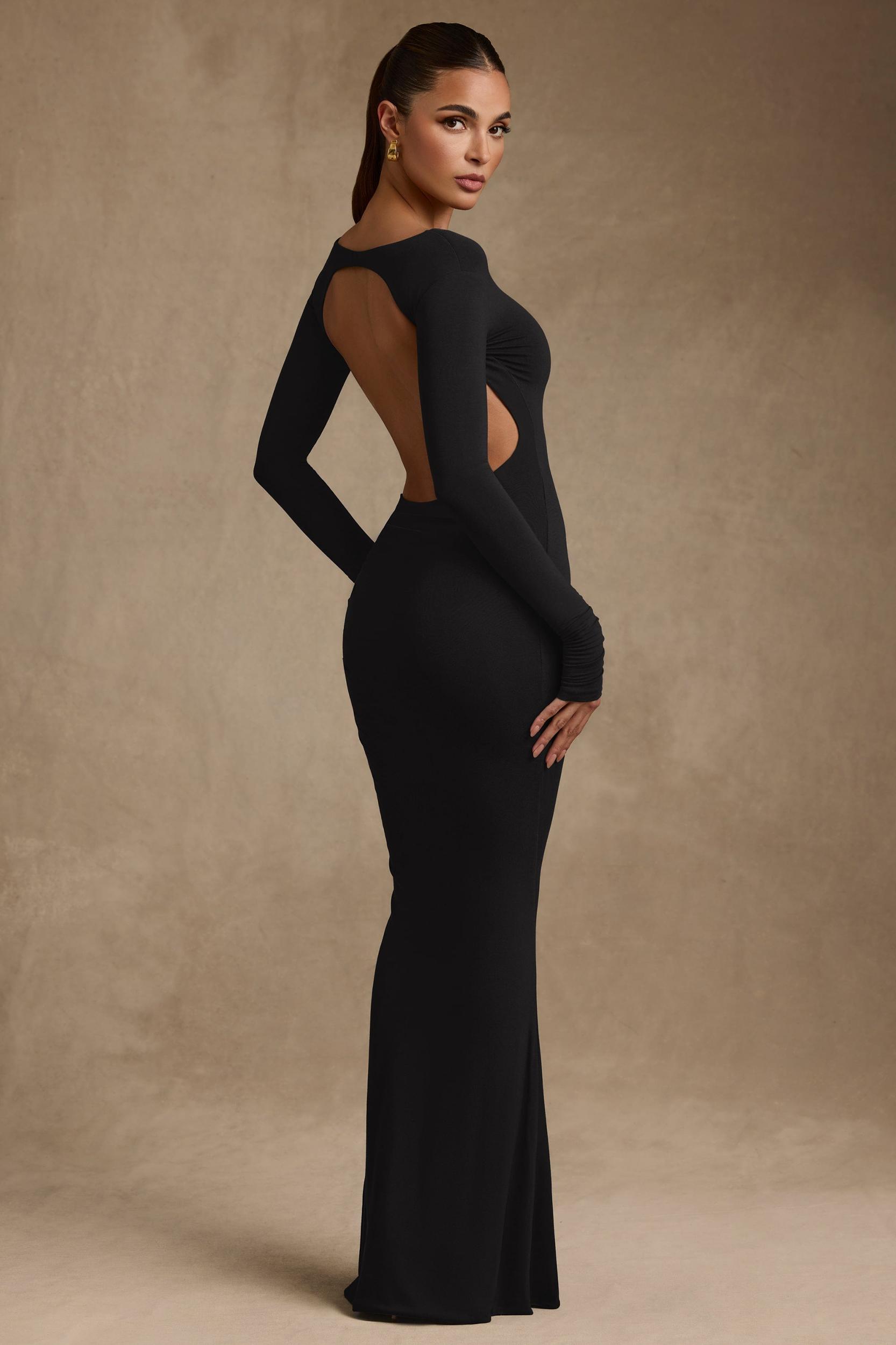 Modal Ruched Backless Maxi Dress in Black Product Image
