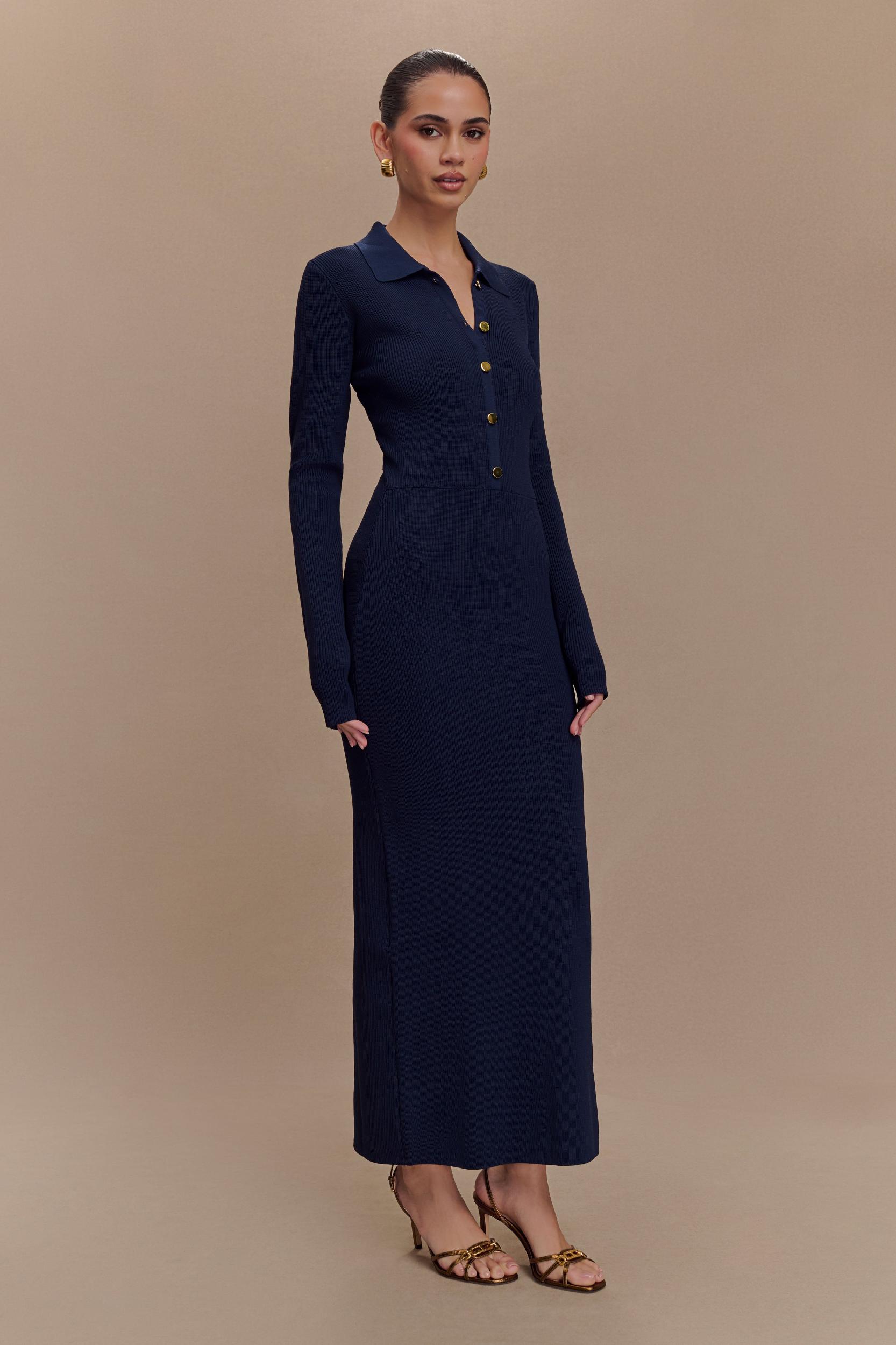 Abbey Buttoned Knit Midi Dress - Navy Product Image