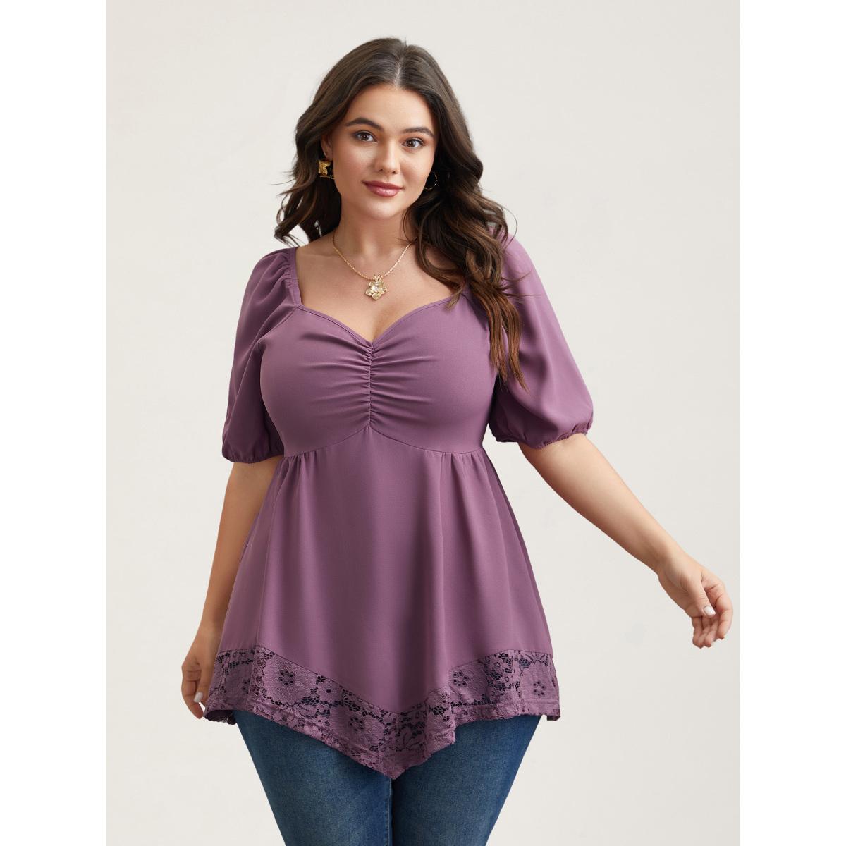 Plus Size Mauve Sweetheart Neck Lace High-Low Hem Shirt Women Romantic Half Sleeve Heart neckline Elegant Blouses BloomChic 14-16/1X Product Image