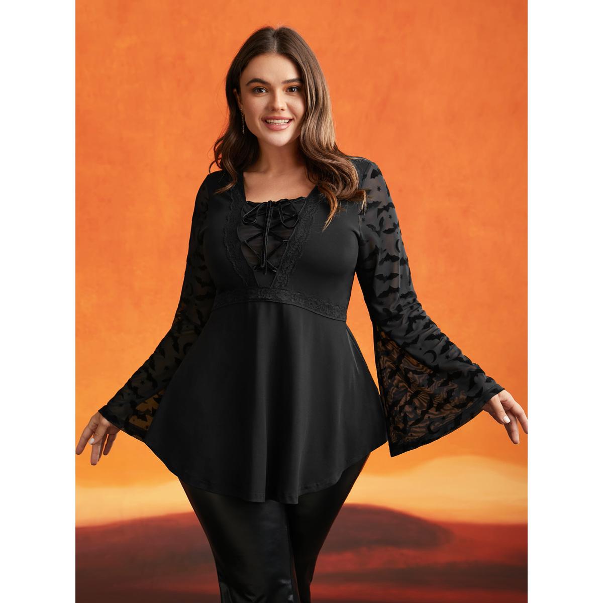 Plus Size Black Bat Wing Elastic Flocking Corn Straps Blouse Women Elegant Long Sleeve Square Neck Everyday Blouses BloomChic 14-16/1X Product Image