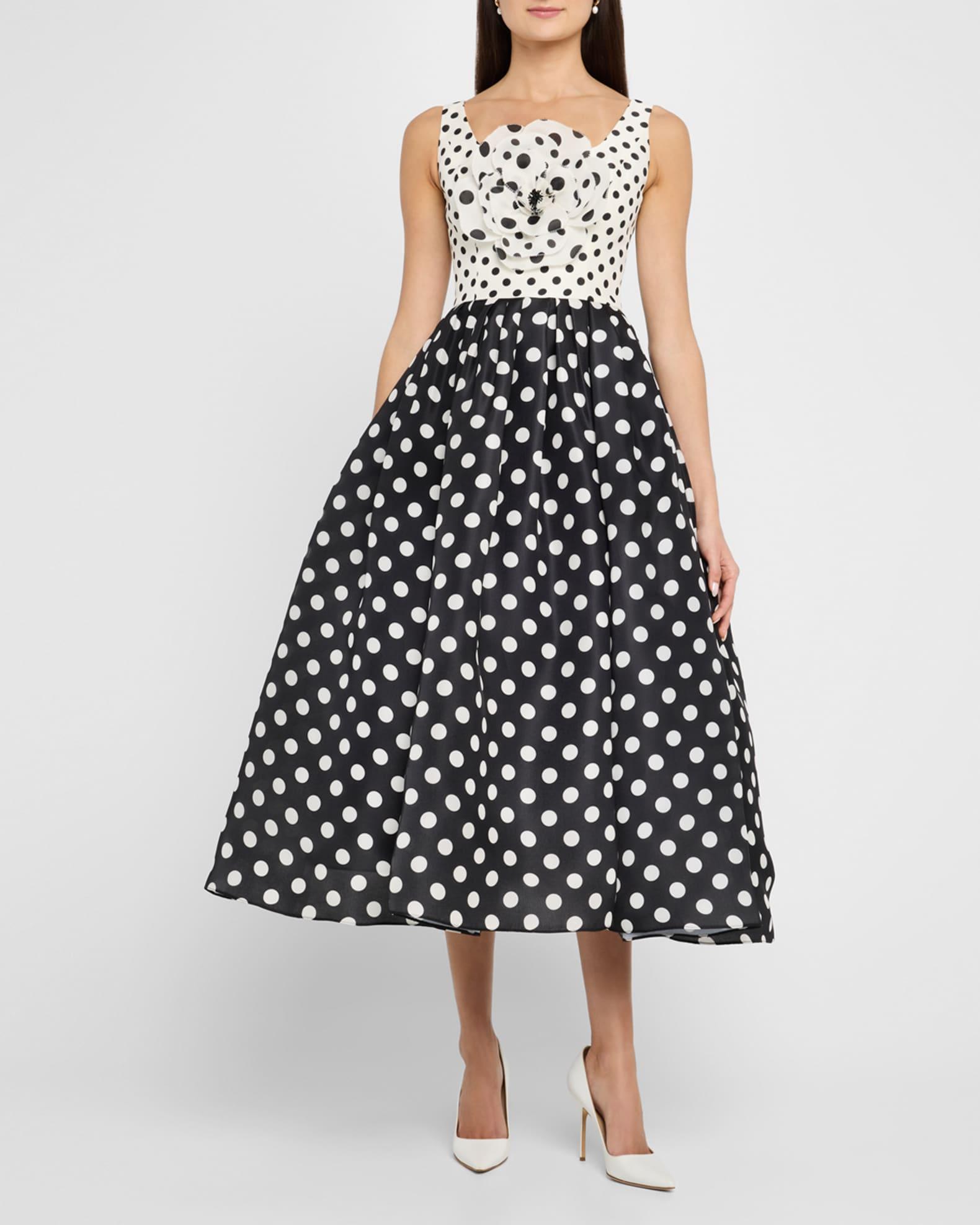 Polka-Dot Flower Sleeveless Tea-Length Dress Product Image