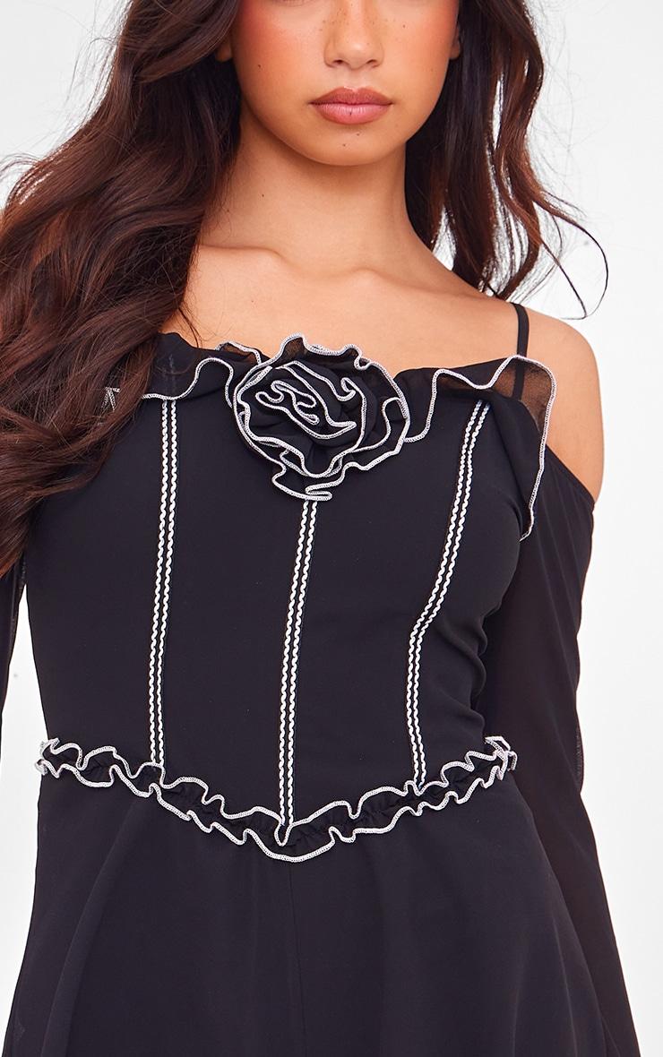 Black Contrast Stitch Chiffon Rose Applique Romper Product Image