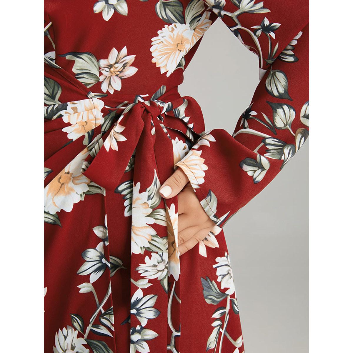 Plus Size Floral Print Knotted Shirt Collar Dress Scarlet Women Elegant Printed V-neck Long Sleeve Curvy Midi Dress BloomChic 22-24/3X Product Image
