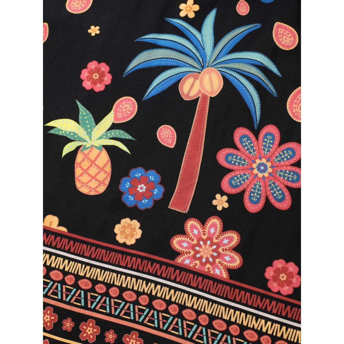 Plus Size Rayon Tropical Floral Shirred Waist Midi Dress Black Women V-neck Short sleeve Curvy BloomChic 28/5X Product Image