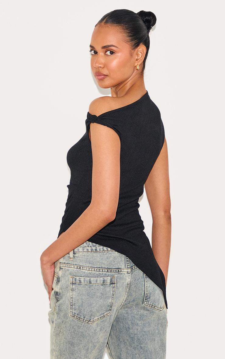 Black Textured Rib Twist Detail Asymmetric Longline Top Product Image