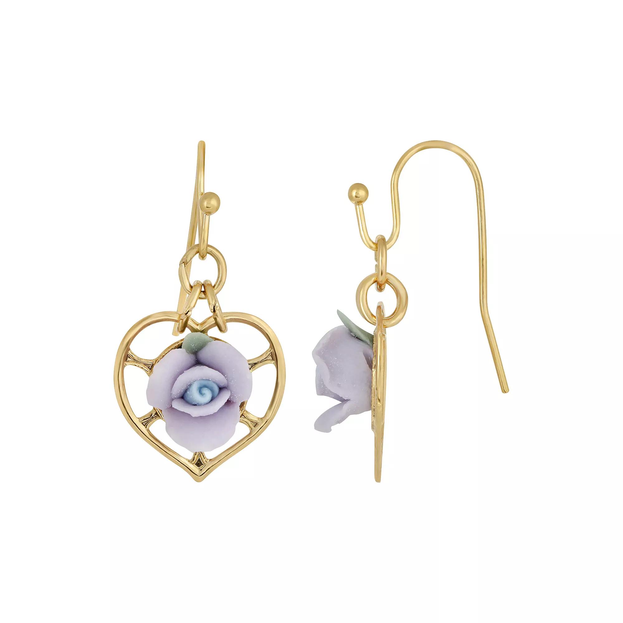 1928 14k Gold-Dipped Heart And Porcelain Rose Earrings, Womens, Purple Product Image