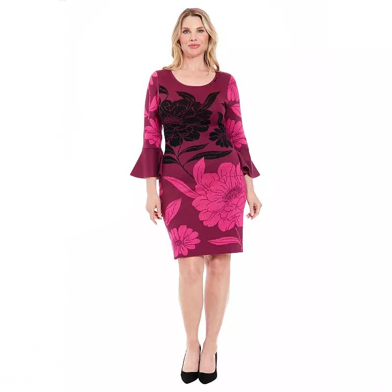 Womens London Times Bell Sleeve Floral Print Sheath Sweater Dress Product Image