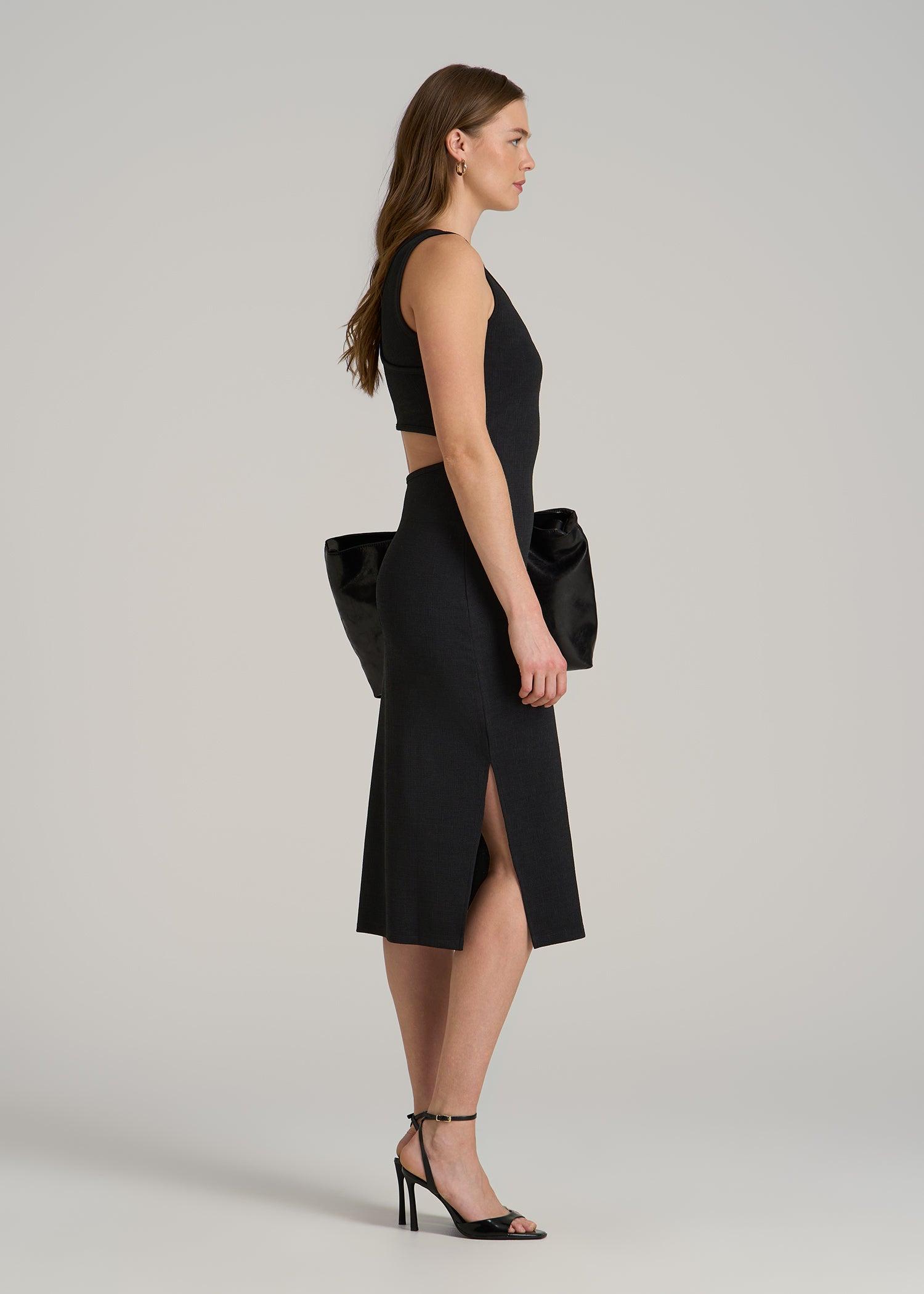 Midi Cross Back Sleeveless Dress for Tall Women in Black Female Product Image