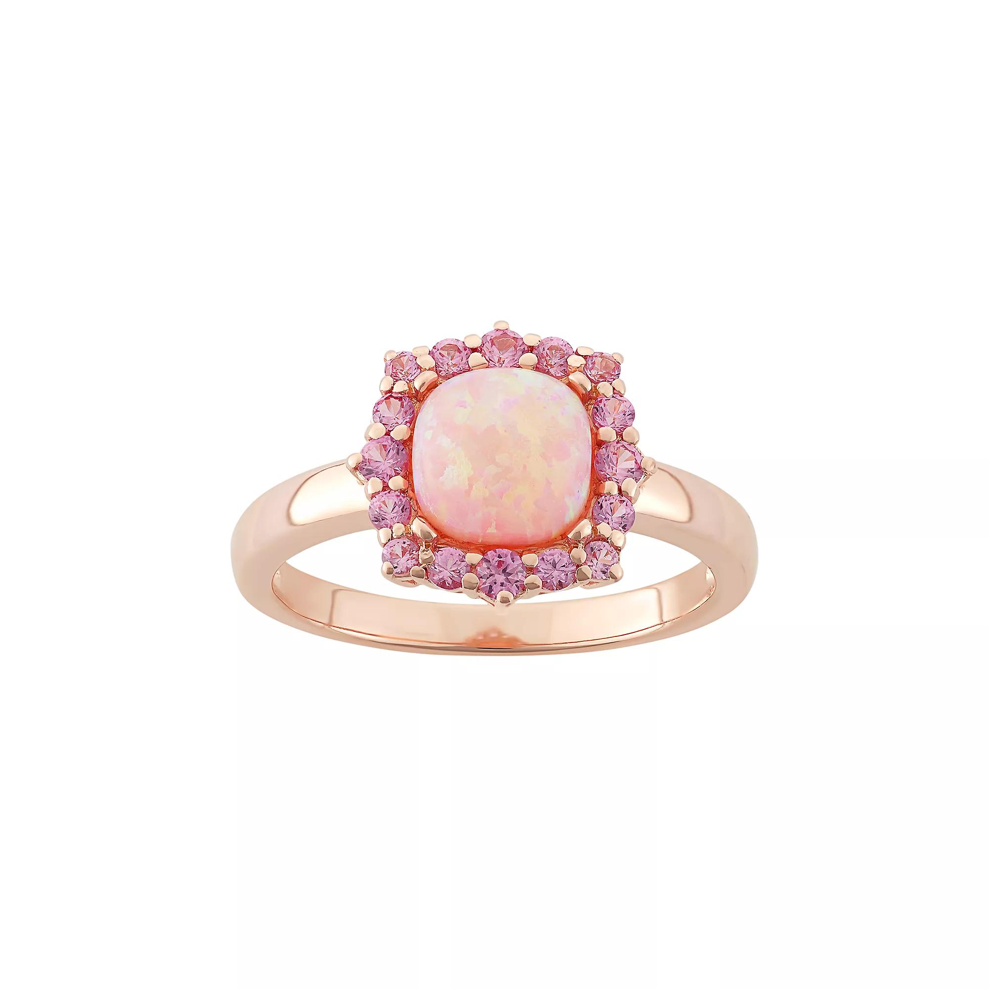 Lab-Created Pink Opal & Lab-Created Pink Sapphire 18k Rose Gold Over Silver Square Halo Ring, Women's, Size: 9 Product Image