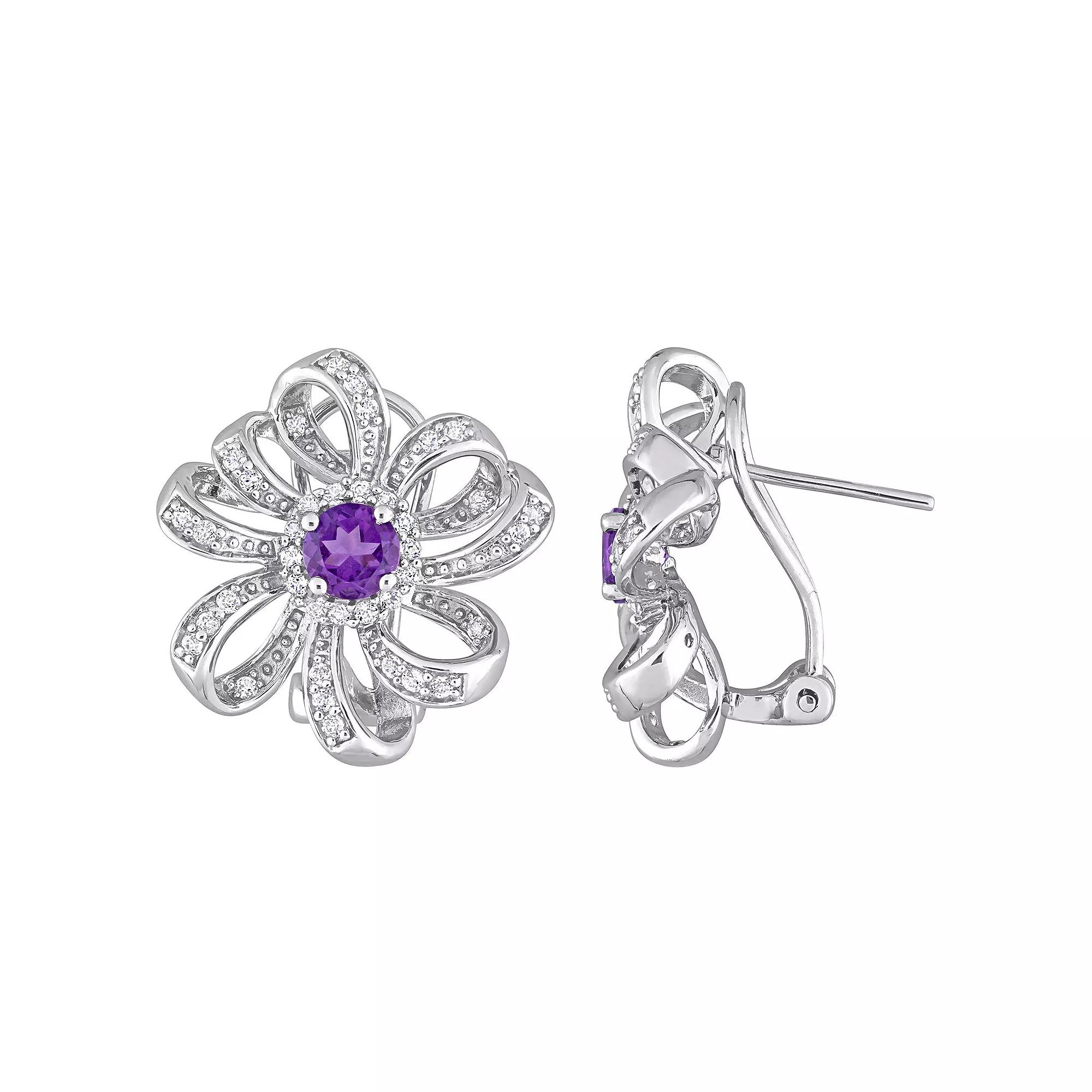 Stella Grace Sterling Silver African Amethyst & White Topaz Floral Omega Clip Earrings, Women's Product Image