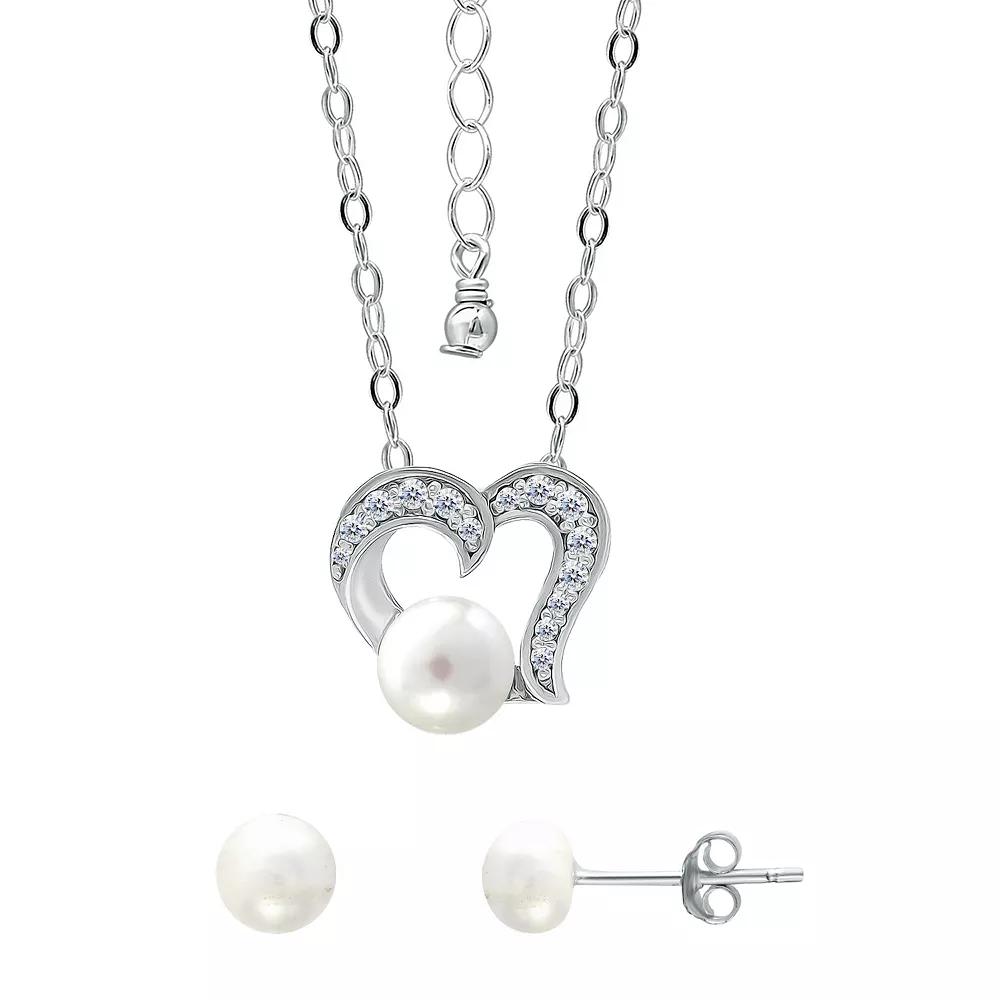 Aleure Precioso 18k Gold Over Silver Heart Shaped Cubic Zirconia & Freshwater Cultured Pearl Pendant Necklace & Stud Earrings Set, Women's, Size: 18", Gold Tone White Product Image