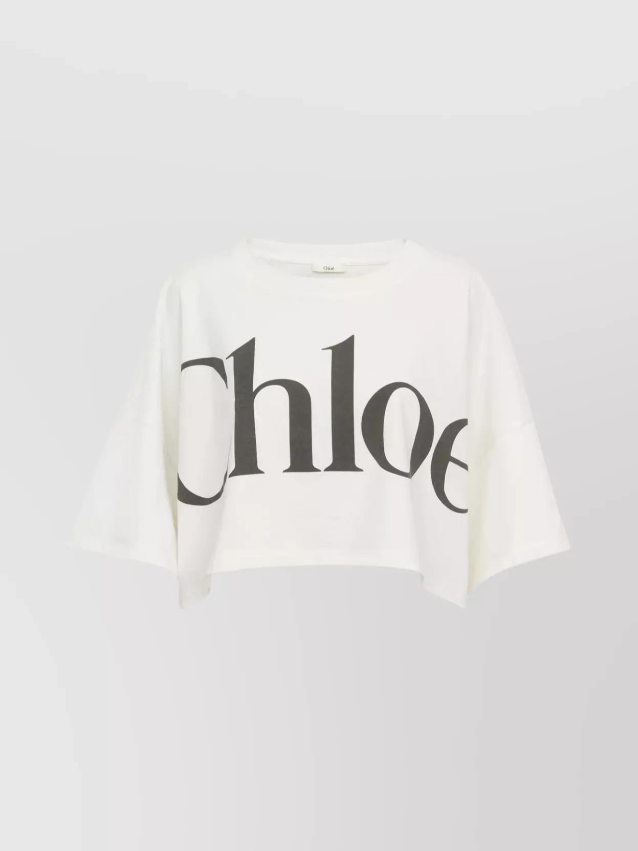 CHLOÉ White Cropped Crewneck T-shirt With Maxi Logo Print On The Front In Cotton Woman In Multicolor Product Image