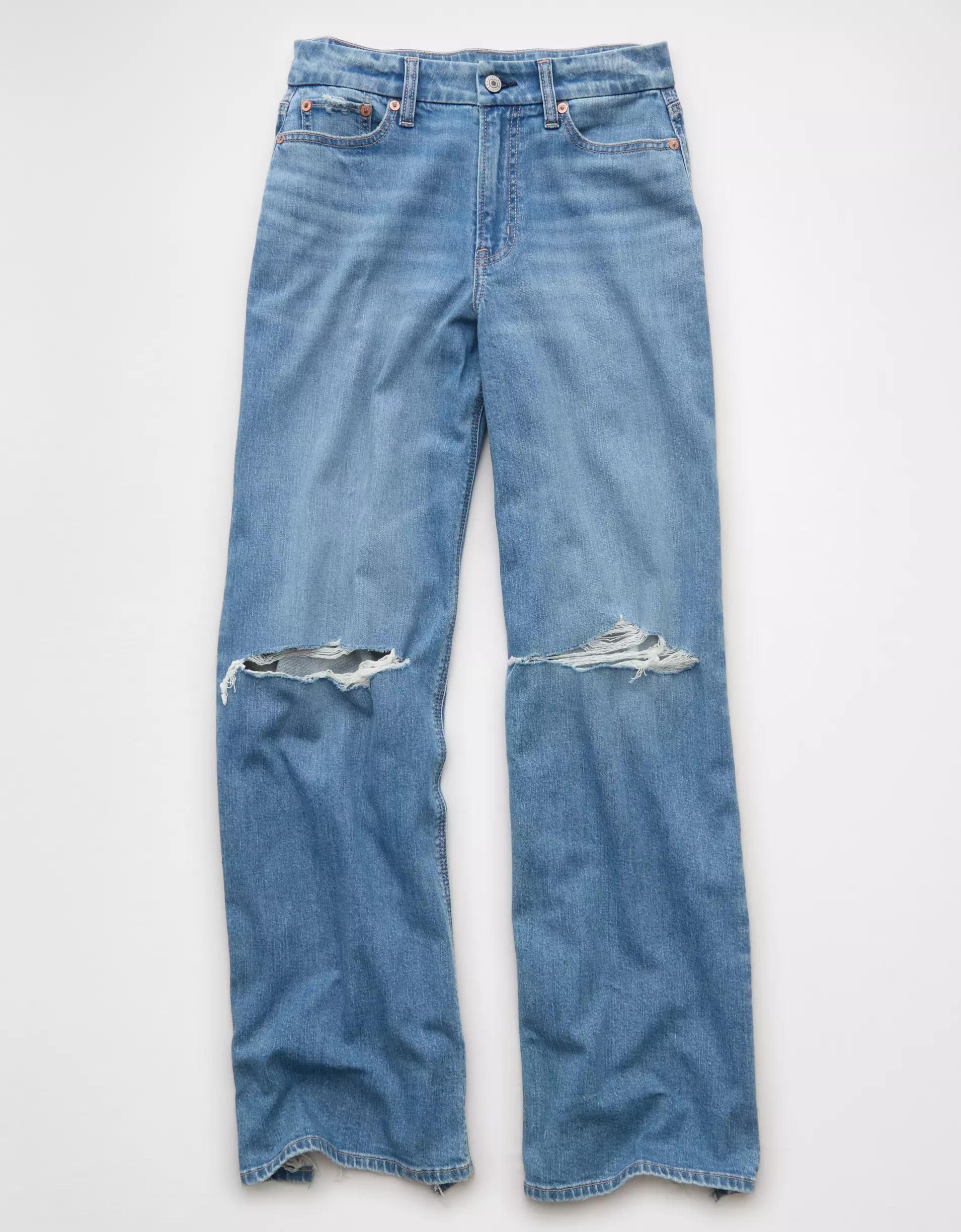 AE Dreamy Drape Stretch Curvy Ripped Super High-Waisted Baggy Wide-Leg Jean Product Image