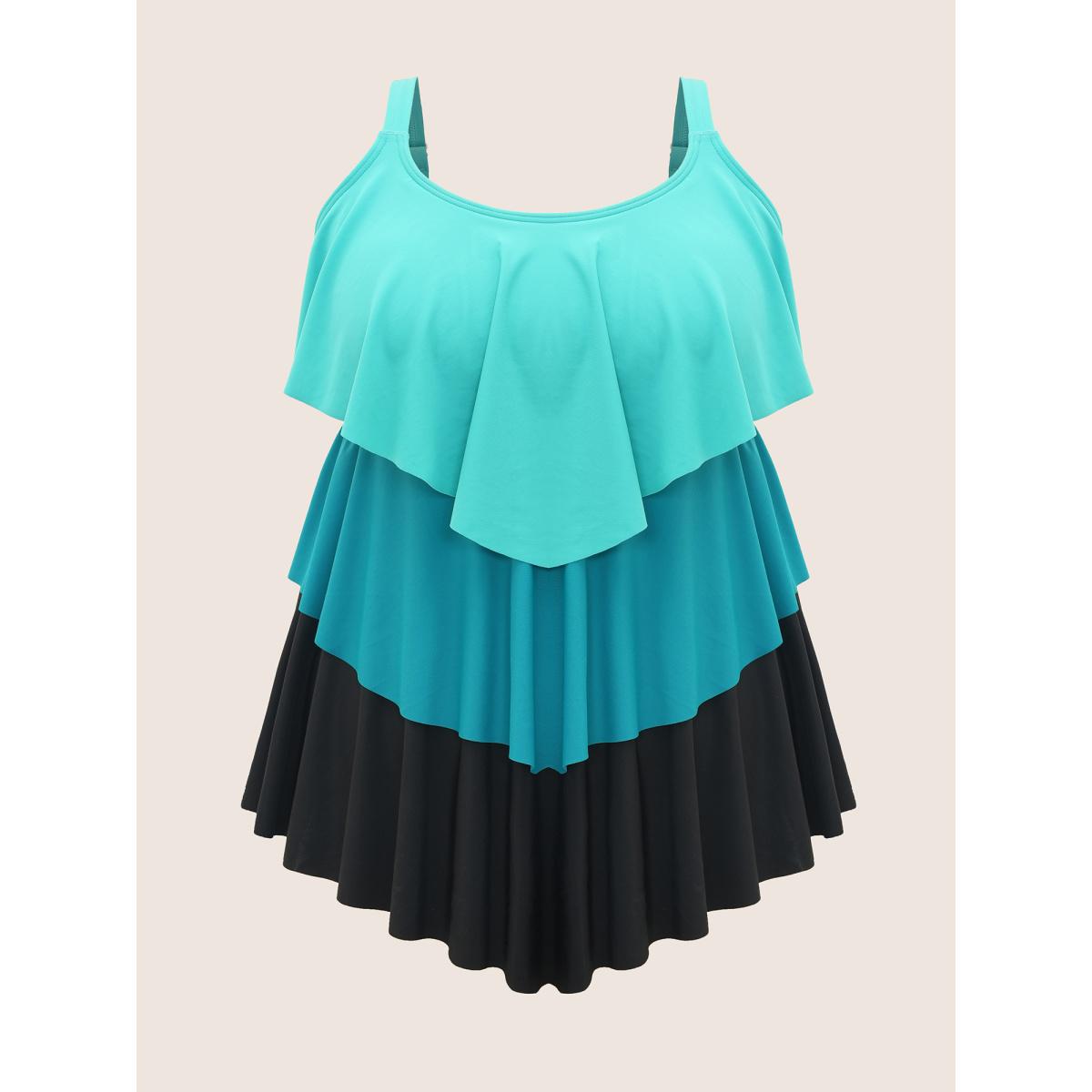 Plus Size Colorblock Contrast Ruffle Layered Hem Tankini Top Women's Swimwear Turquoise Beach Non High stretch Bodycon U-neck Curve Swim Tops BloomChic 12/L Product Image