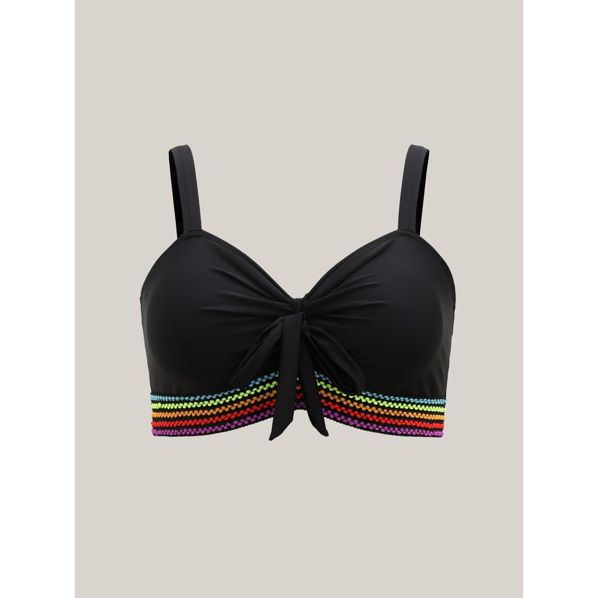 Plus Size Colorful Webbed Knotted Front Swim Top Women's Swimwear Black Resort Woven ribbon&lace trim High stretch Skinny Heart neckline Curve Swim Tops BloomChic 10/M Product Image