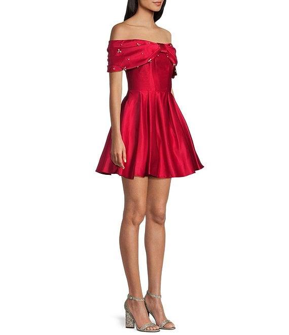 Blondie Nites Rhinestone Studded Satin Off-The-Shoulder Bow Party Dress Product Image