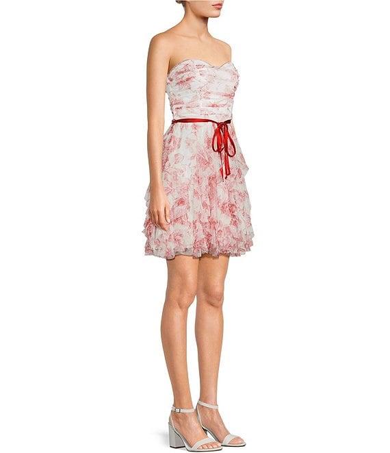 Pear Culture Floral Printed Mesh Sweetheart Neck Tie Front Tiered Ruffle Dress Product Image