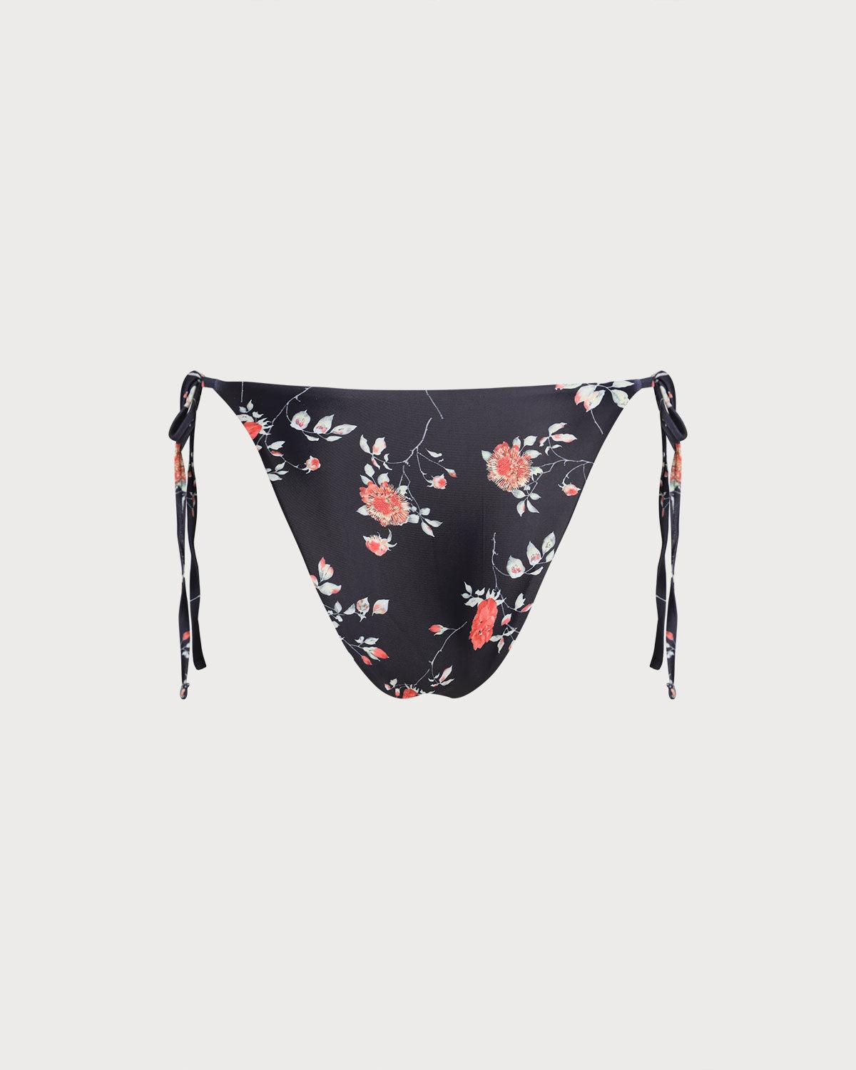 Black Floral Drawstring Bikini Bottom Product Image