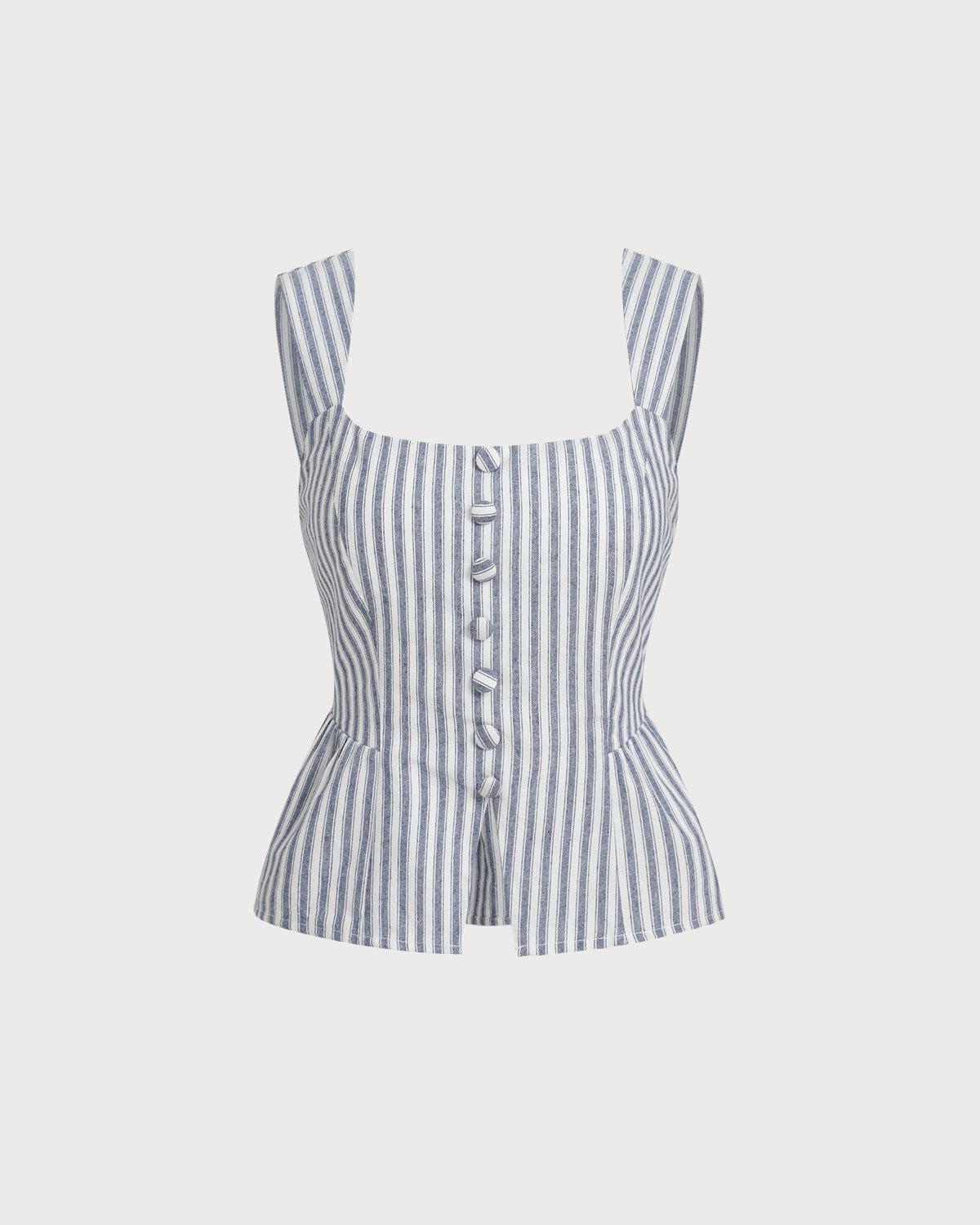Blue Striped Square Neck Tank Top Product Image