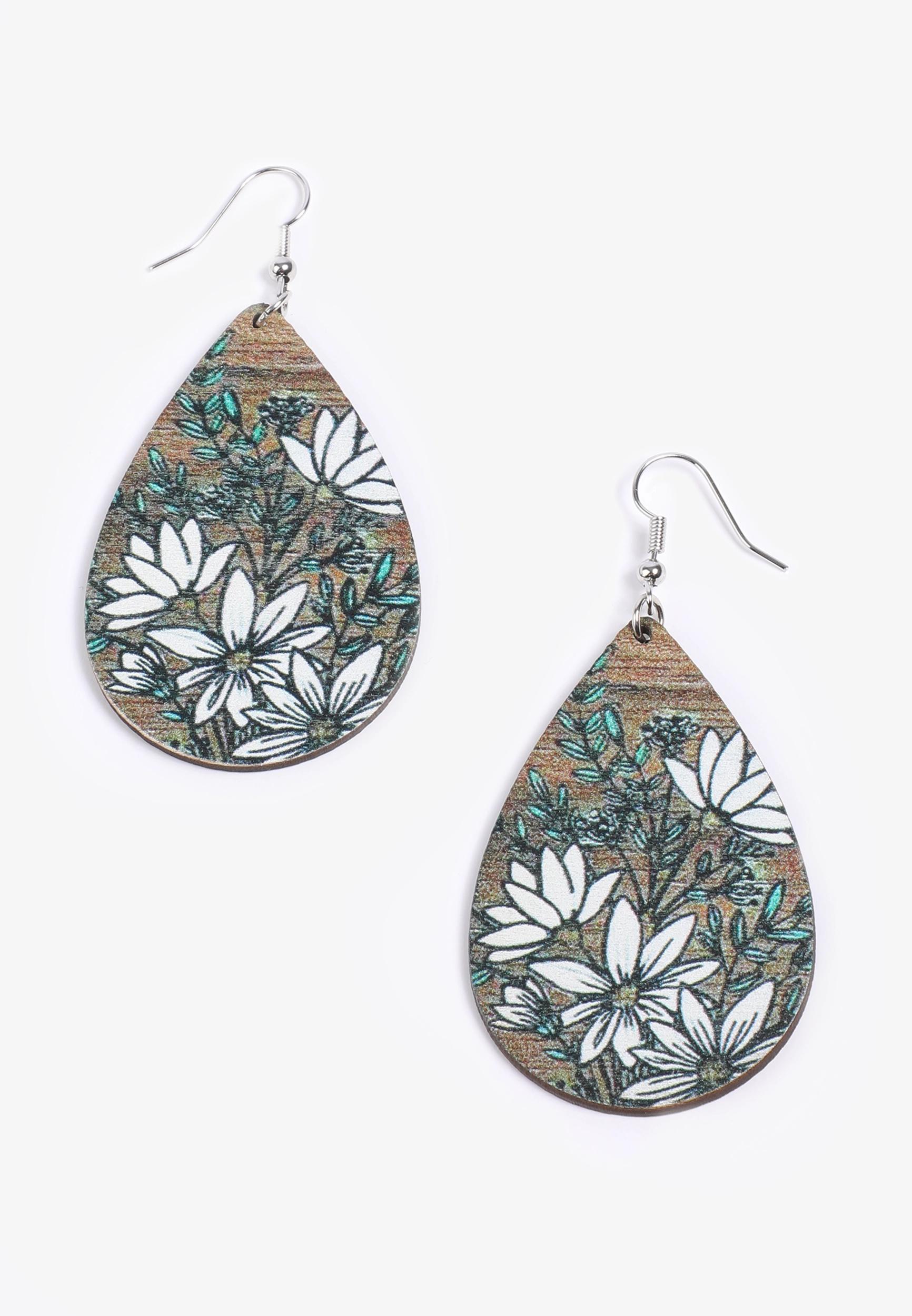 Floral Watercolor Wooden Teardrop Earrings Product Image