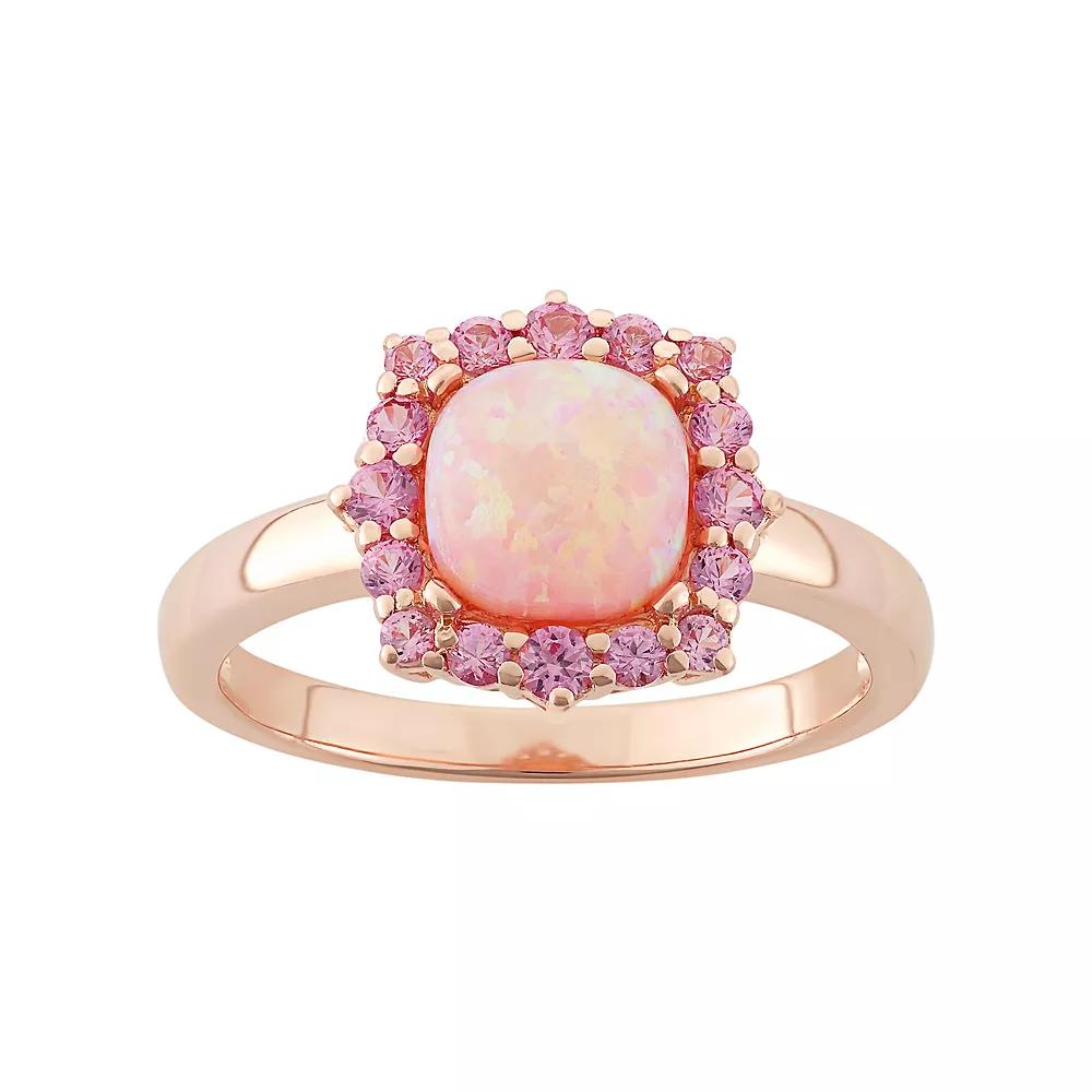 Lab-Created Pink Opal & Lab-Created Pink Sapphire 18k Rose Gold Over Silver Square Halo Ring, Women's, Size: 9 Product Image
