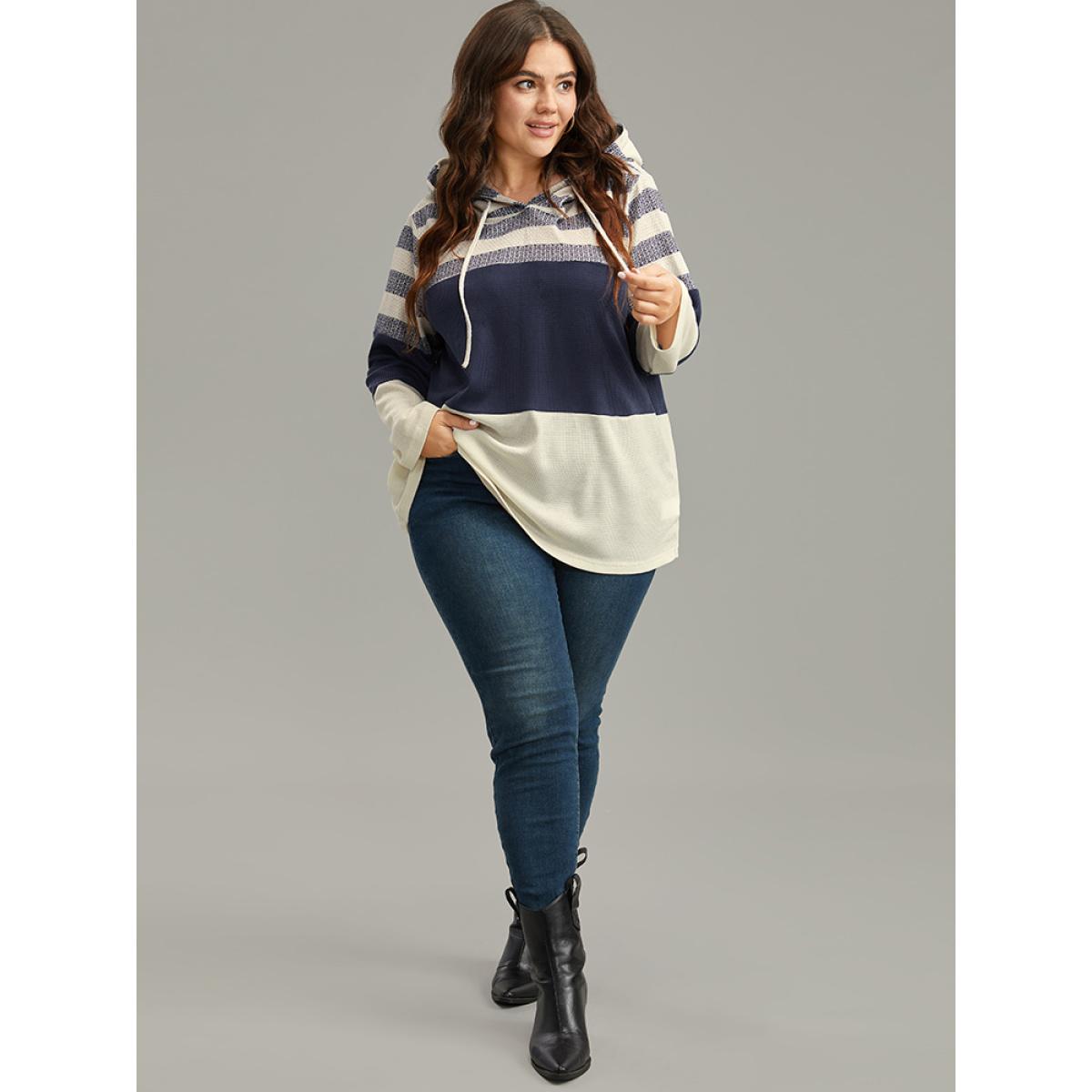 Plus Size Waffle Knit Striped Colorblock Hooded Sweatshirt Women Indigo Casual Contrast Hooded Dailywear Sweatshirts BloomChic 14-16/1X Product Image