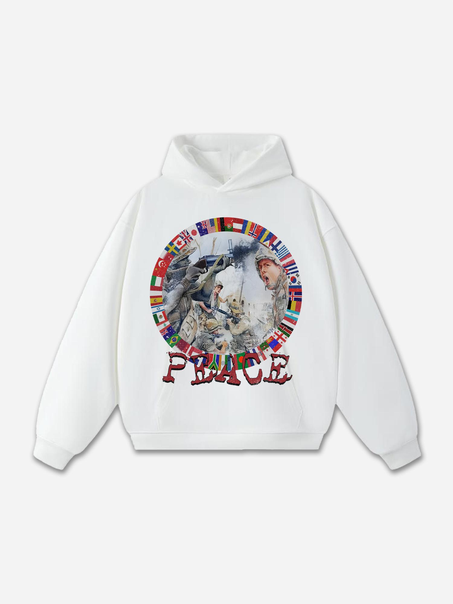 Fashion Peace In War Print Graphic Loose Hoodie Product Image