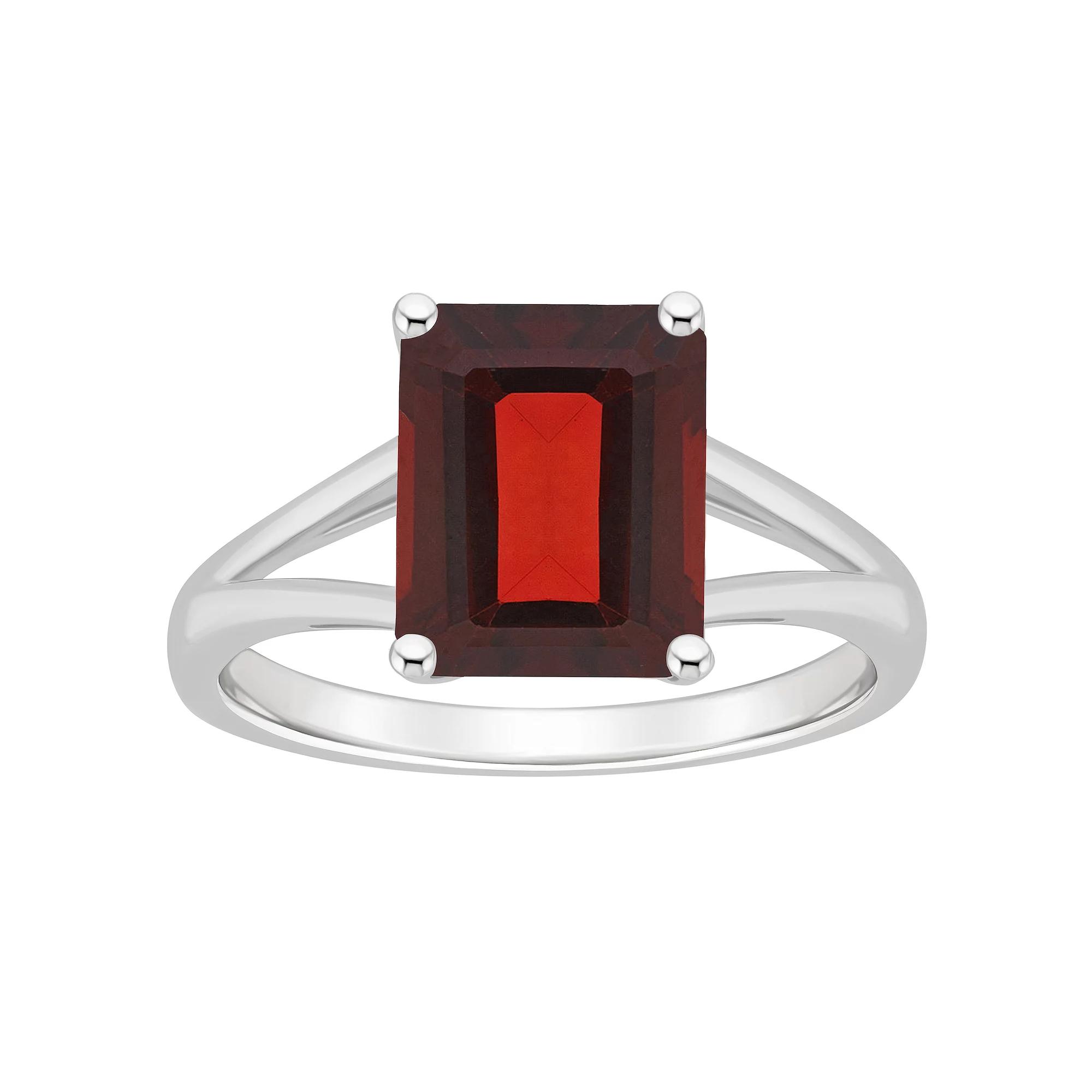 Alyson Layne Sterling Silver 10 mm x 8 mm Emerald Cut Gemstone Split Shank Solitaire Ring, Womens, Red Product Image