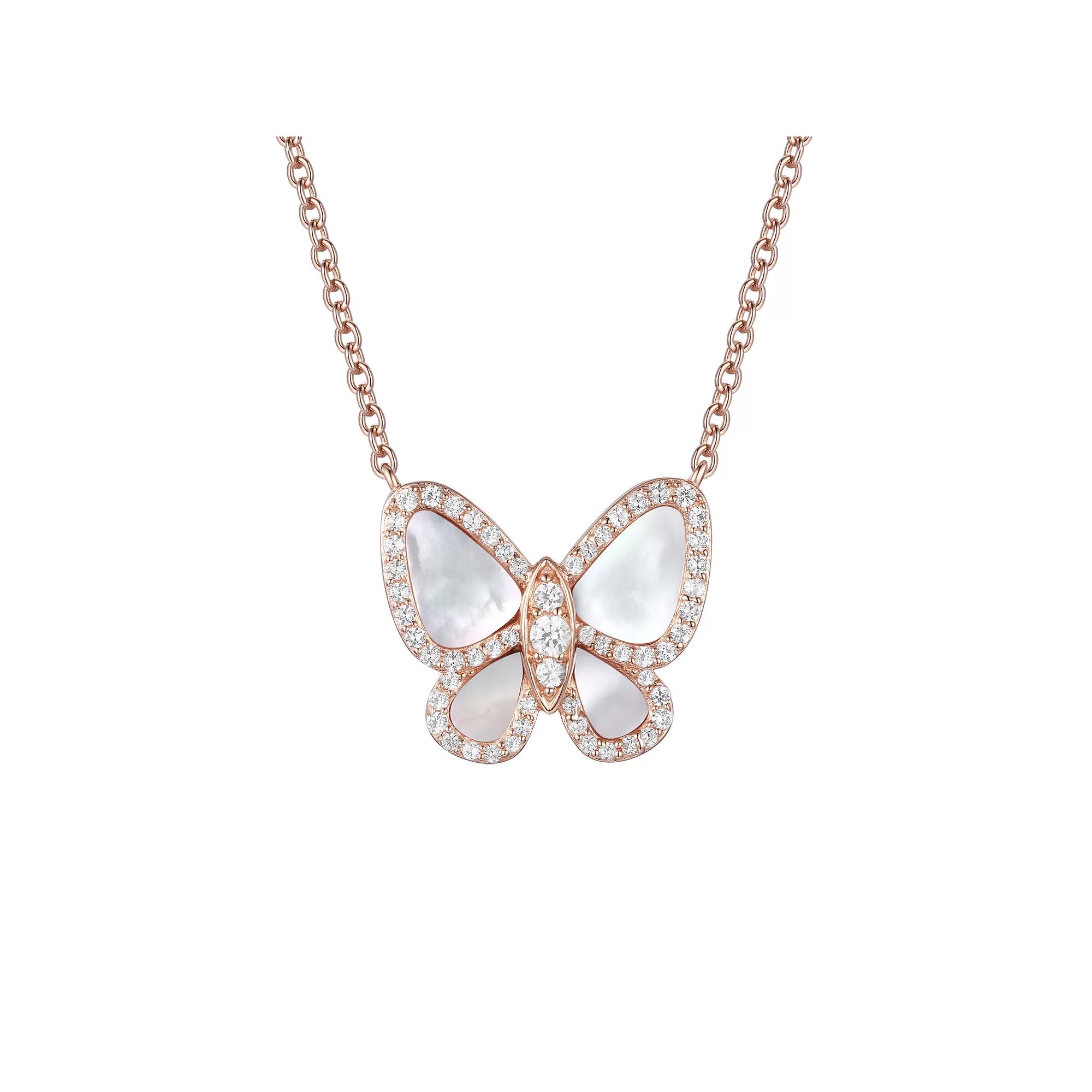 14k Rose Gold Over Silver Mother-Of-Pearl & Lab-Created White Sapphire Butterfly Pendant Necklace, Women's, Size: 17", Pink Tone Product Image