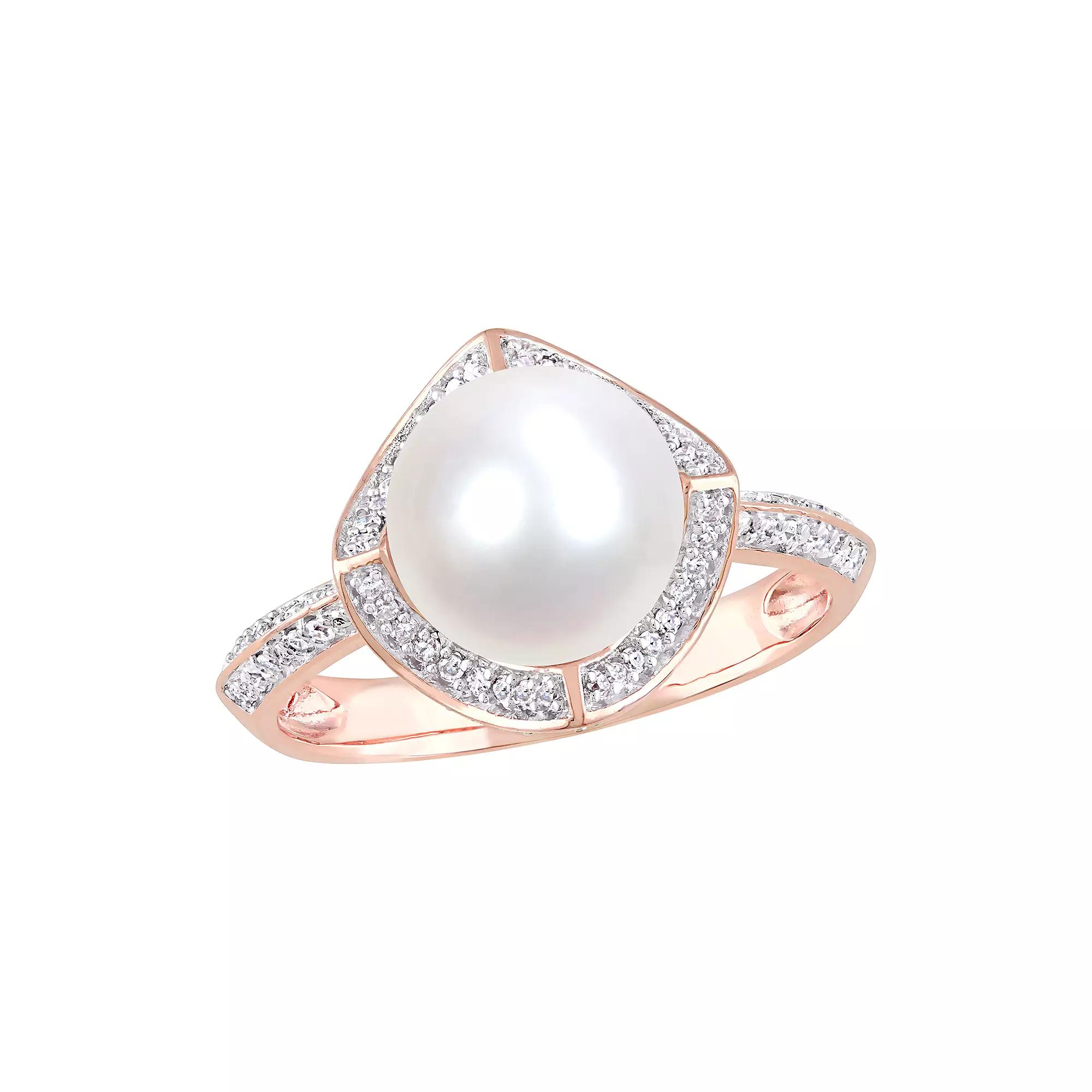 Stella Grace 10k Rose Gold Freshwater Cultured Pearl 1/4 Carat T.W. Diamond Vintage Halo Ring, Women's,  Product Image