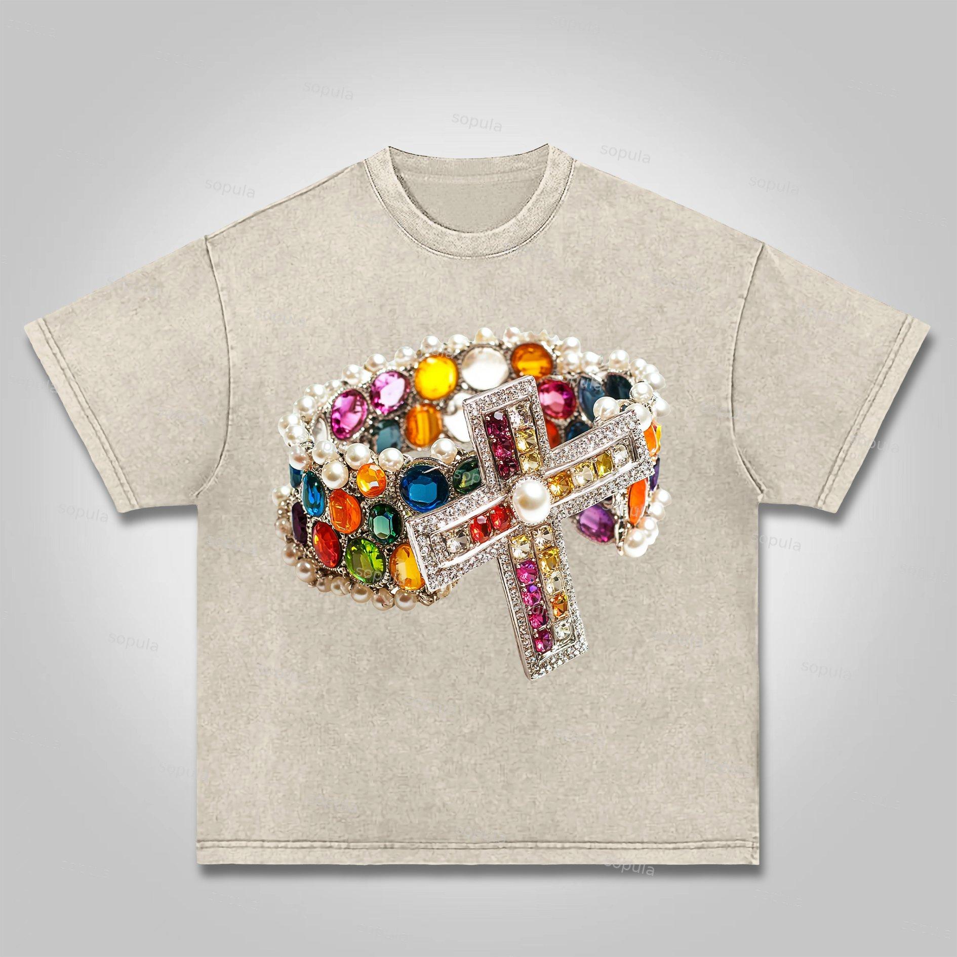 Sopula Vintage Diamond Cross Graphic Print Acid Washed T-Shirt Product Image
