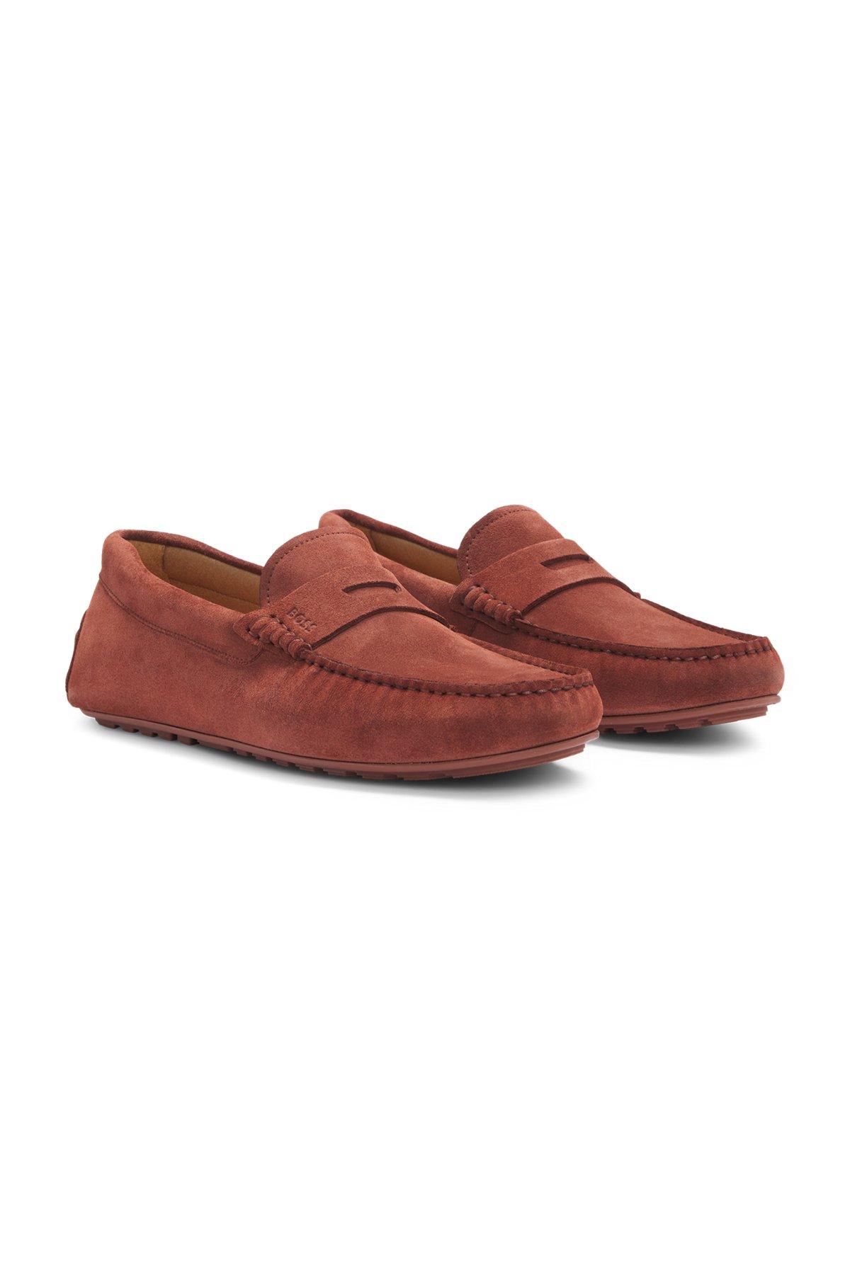 BOSS - Portuguese-crafted moccasin loafers in suede with penny trim - Brown Product Image