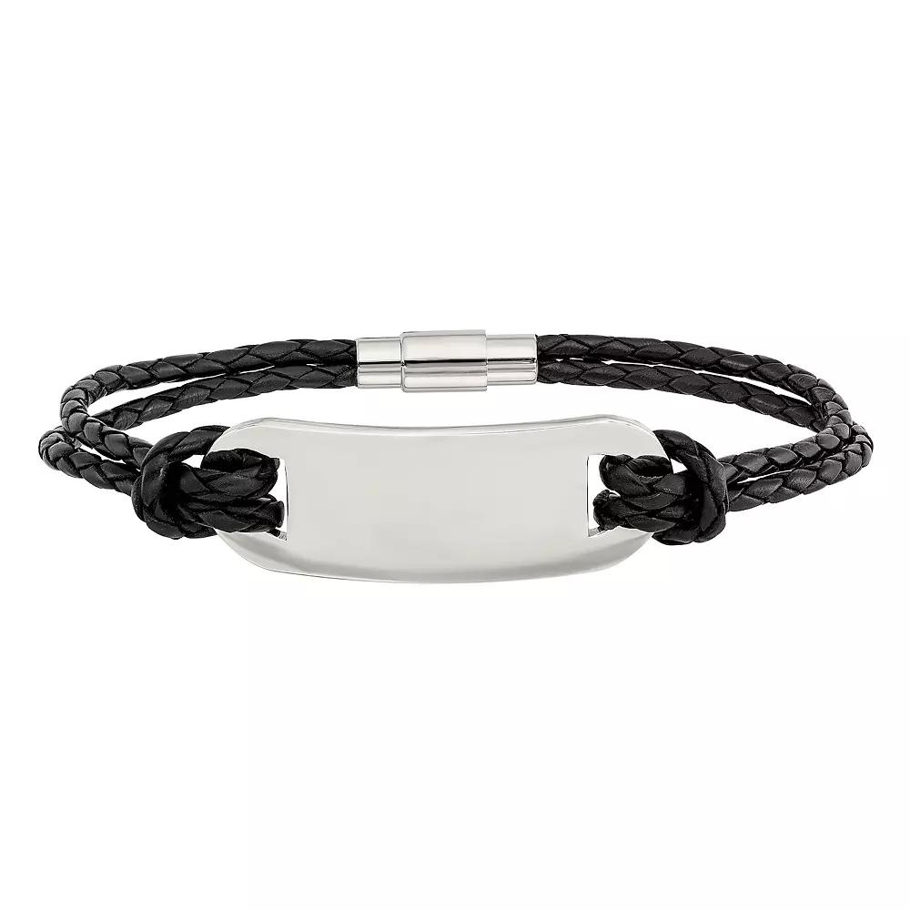 Men's Stainless Steel Woven Black Leather ID Bracelet Product Image