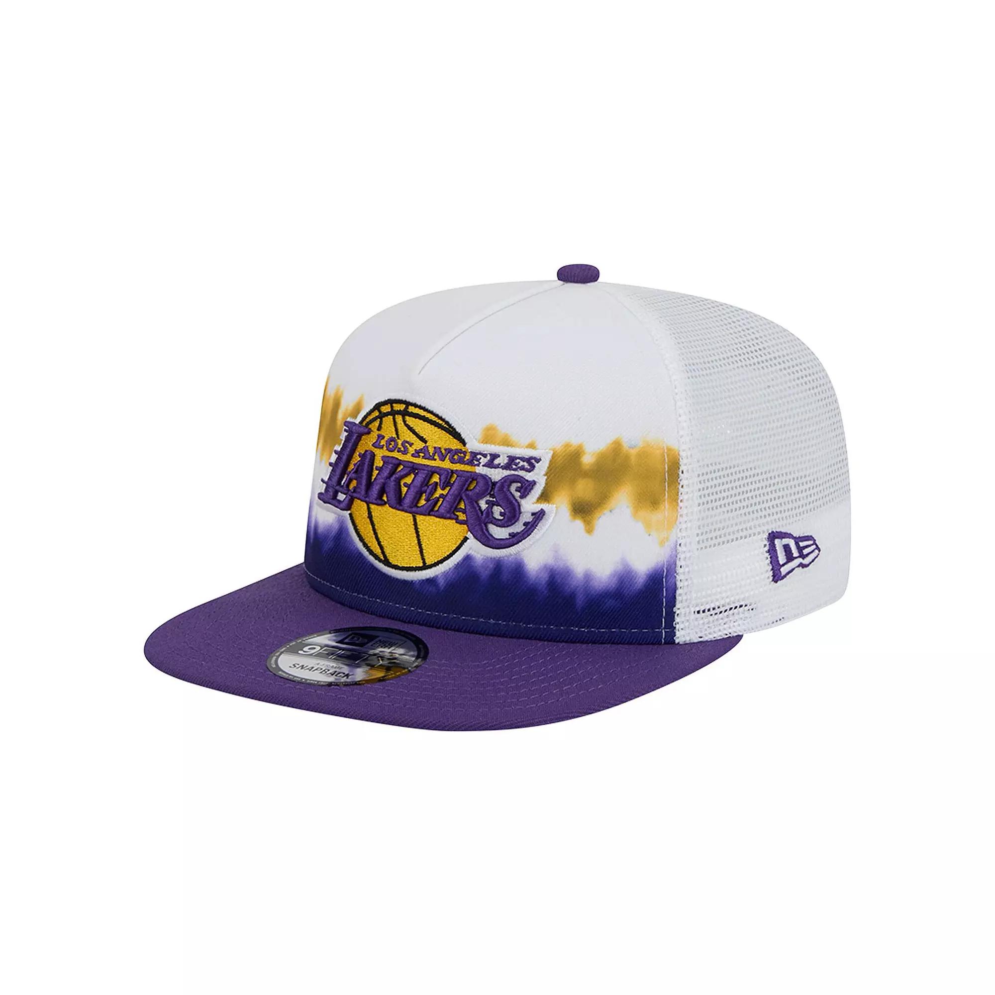 Men's New Era White/Purple Los Angeles Lakers Dip-Dye 9FIFTY A-Frame Trucker Snapback Hat Product Image