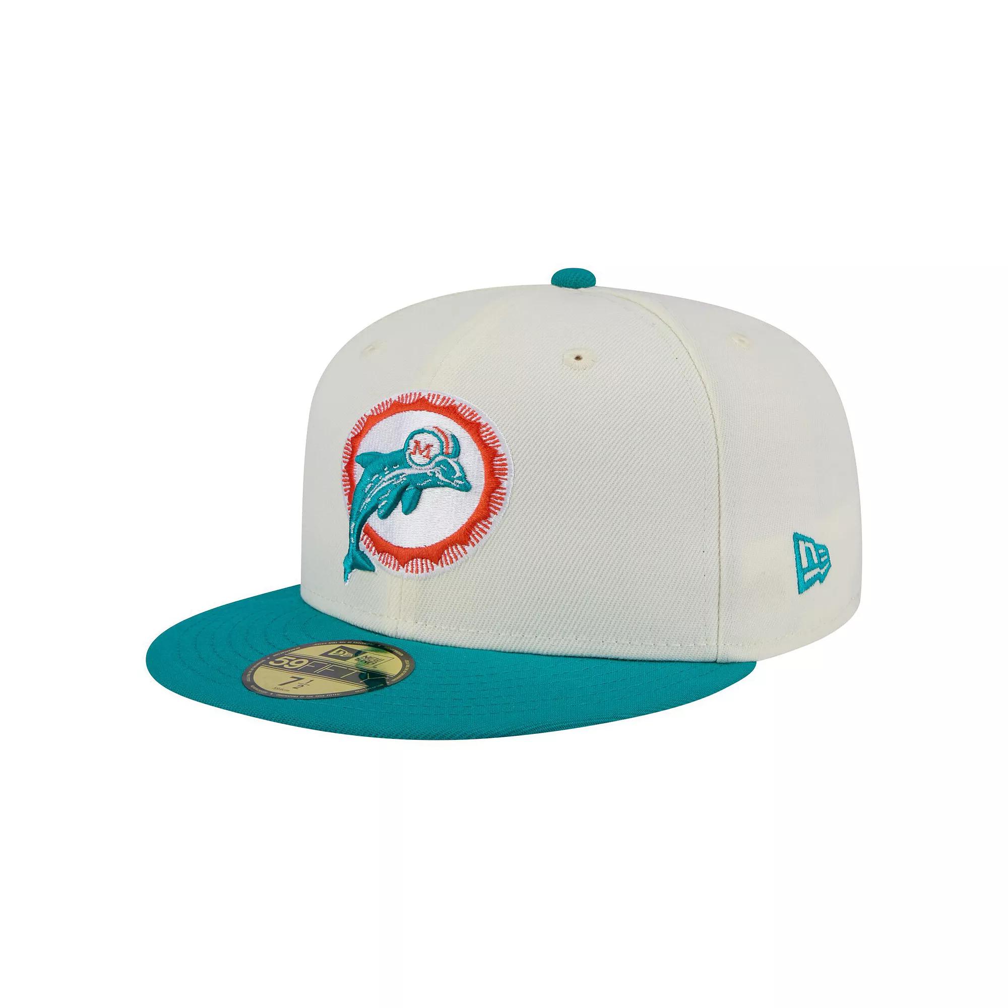 Men's New Era  White/Aqua Miami Dolphins Throwback Main 59FIFTY Fitted Hat, Size: 7 1/2 Product Image