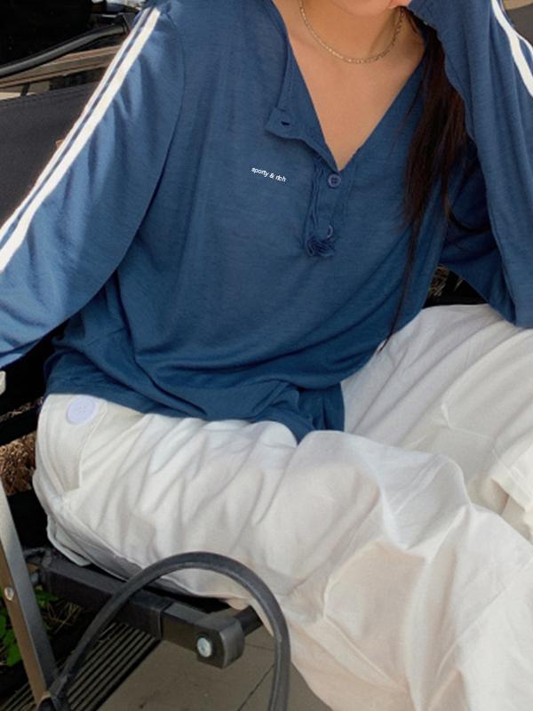 Blue Stripe Print Button Up Oversized Long Sleeve Tee Product Image