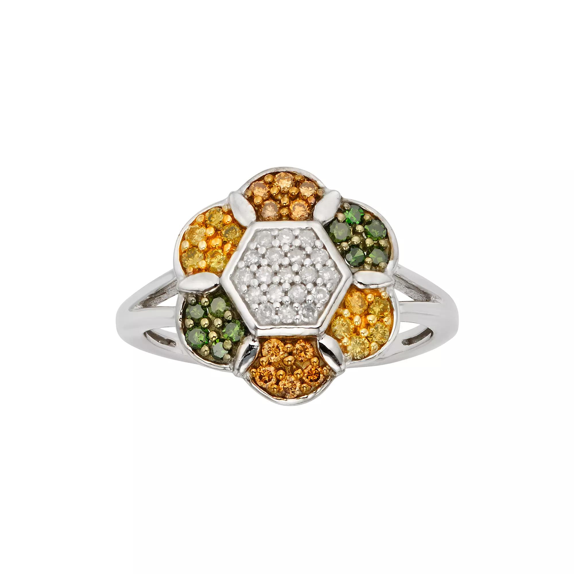 Jewelexcess Sterling Silver 1/2-ct. T.W. Green, Yellow, Champagne and White Diamond Flower Ring, Women's,  Product Image