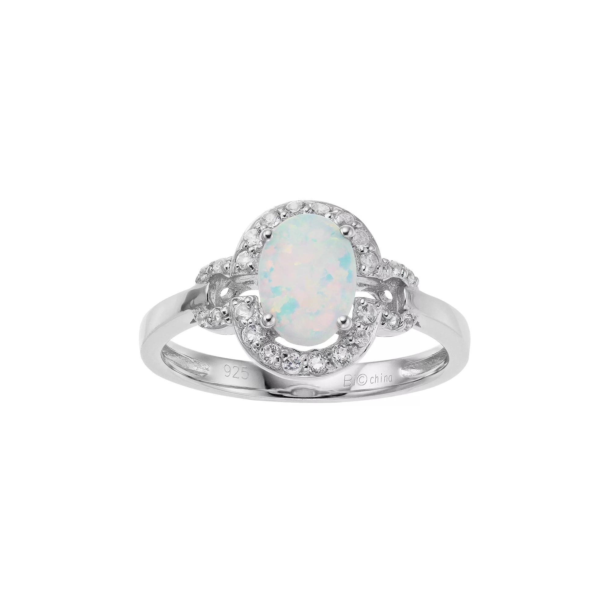 Gemminded Sterling Silver Lab-Created White Opal & White Topaz Oval Halo Ring, Women's,  Product Image