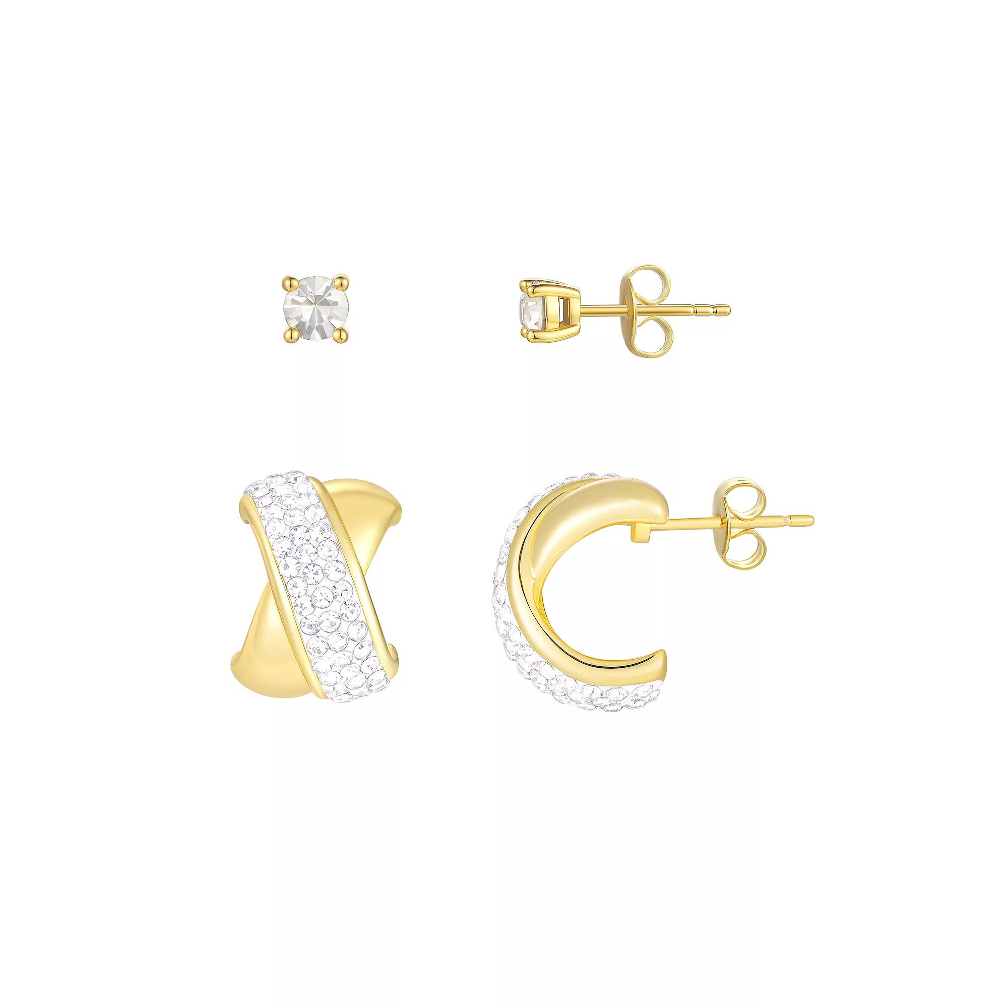 Chrystina 2-pair Crystal Stud & Crossover Post Hoop Earring Set, Women's, Gold Tone Product Image