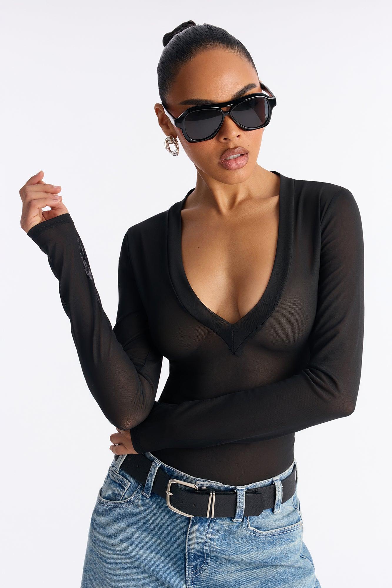 After Dark Mesh V-Neck Long Sleeve Bodysuit - Black Female Product Image